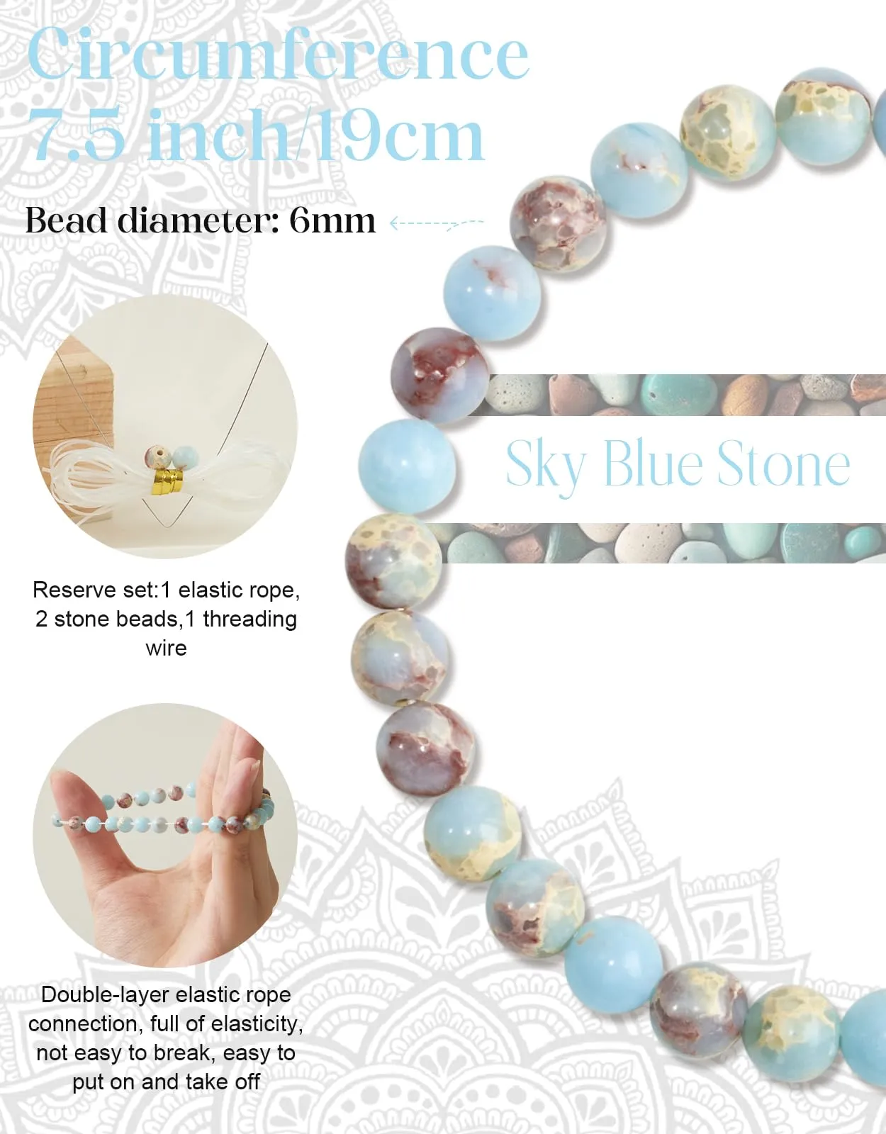 Landorilo Bracciale in Pietra Naturale da 6 mm, Pietra Blu Cielo - immagine 3