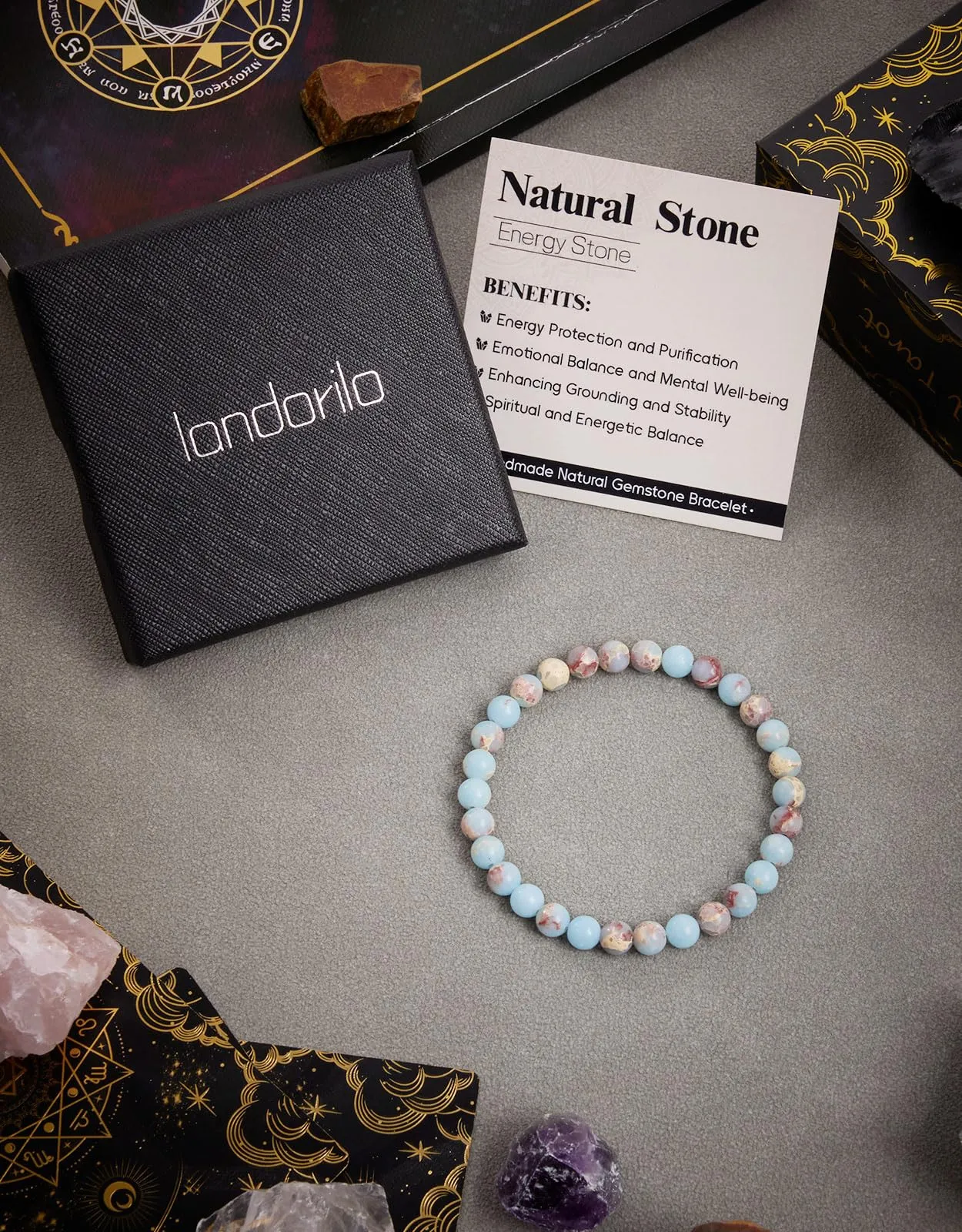 Landorilo Bracciale in Pietra Naturale da 6 mm, Pietra Blu Cielo - immagine 4