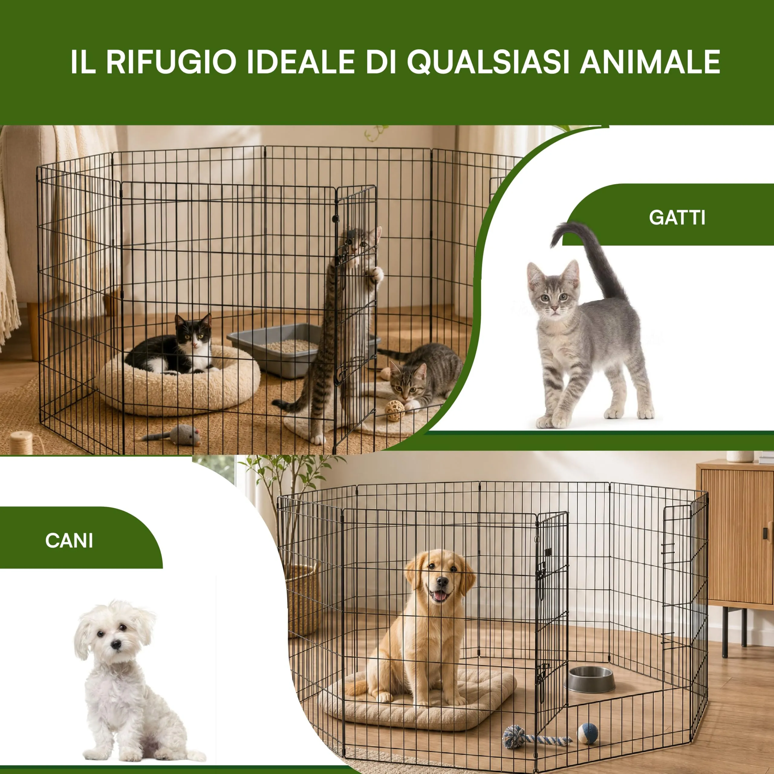 Baroni Home Recinto per Cani a 8 Pannelli in Metallo, Box Modulare per Animali con Porta Integrata, Recinzione per Interno ed Esterno, Montaggio Senza Attrezzi, 76x60cm - immagine 4