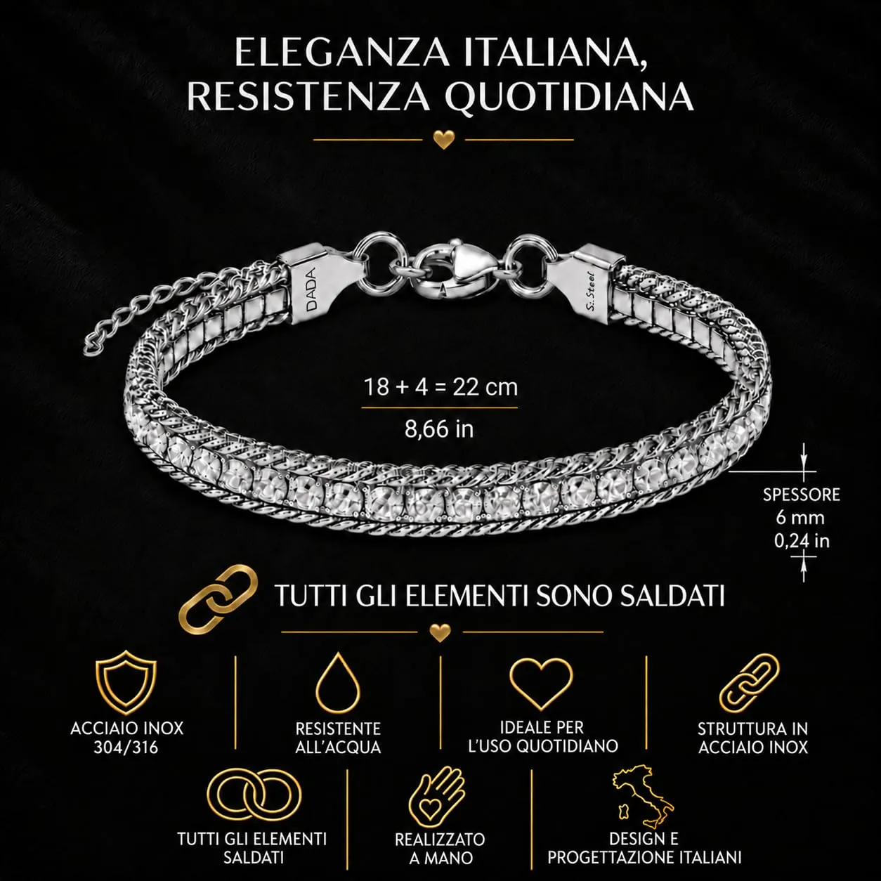 Dada Gioielli Bracciale Tennis e Grumetta Acciaio Inossidabile (Deep Blue) - immagine 4