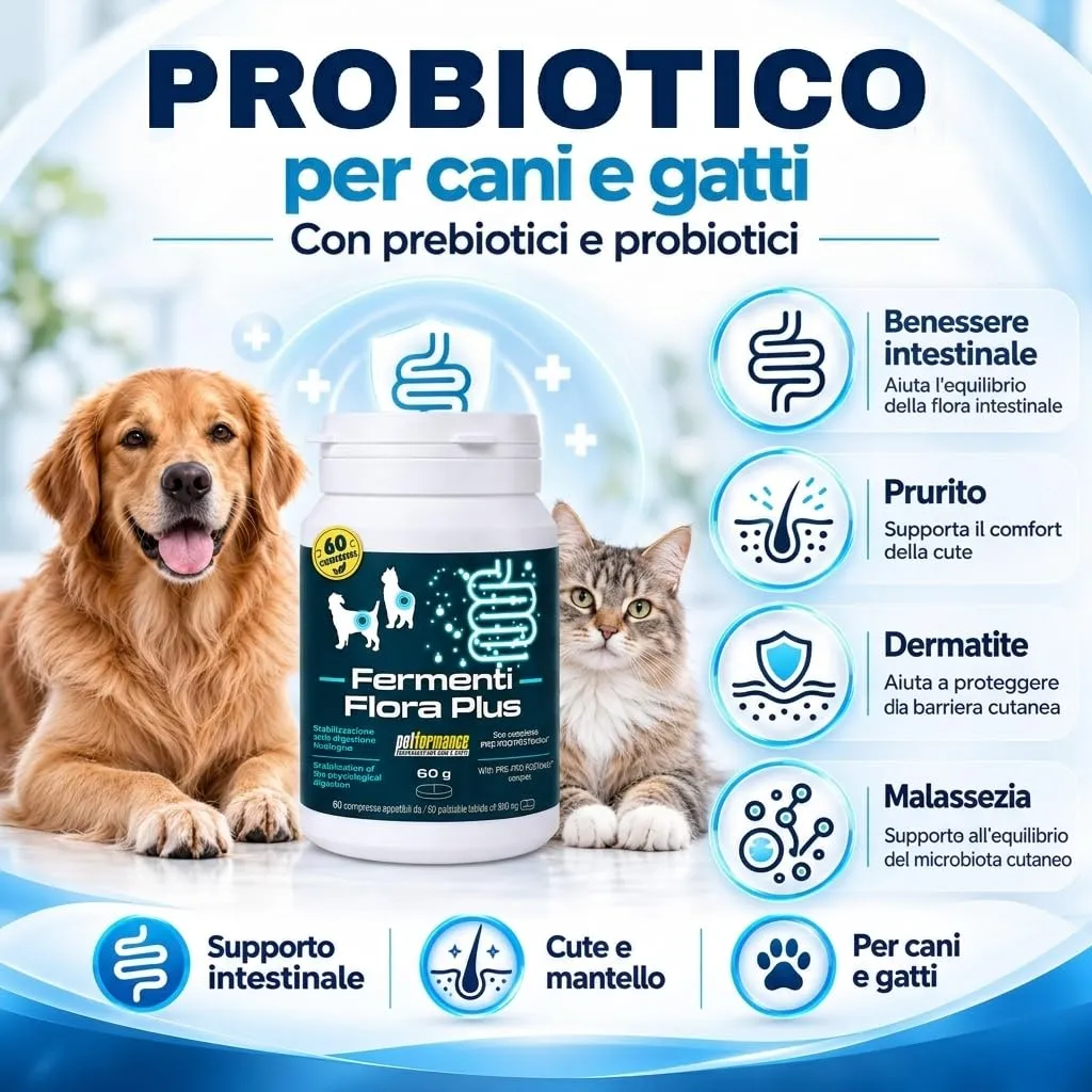 Probiotici per Cani e Gatti FERMENTIFLORA PLUS, Fermenti Lattici Cane, Probiotici Cane Prurito e Funzione Digestiva, Fermenti Latitici Gatto Intestinali e Allergie- 60cps - immagine 2