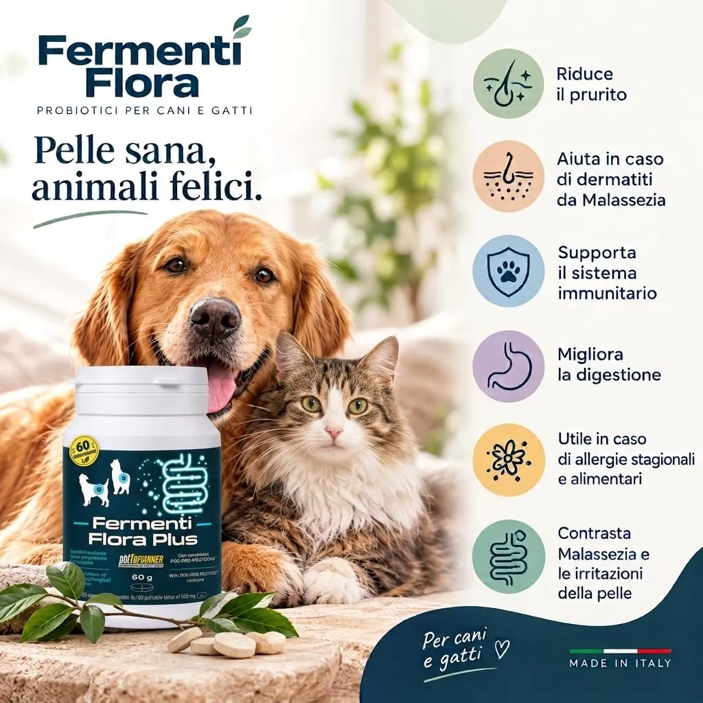 Probiotici per Cani e Gatti FERMENTIFLORA PLUS, Fermenti Lattici Cane, Probiotici Cane Prurito e Funzione Digestiva, Fermenti Latitici Gatto Intestinali e Allergie- 60cps - immagine 3