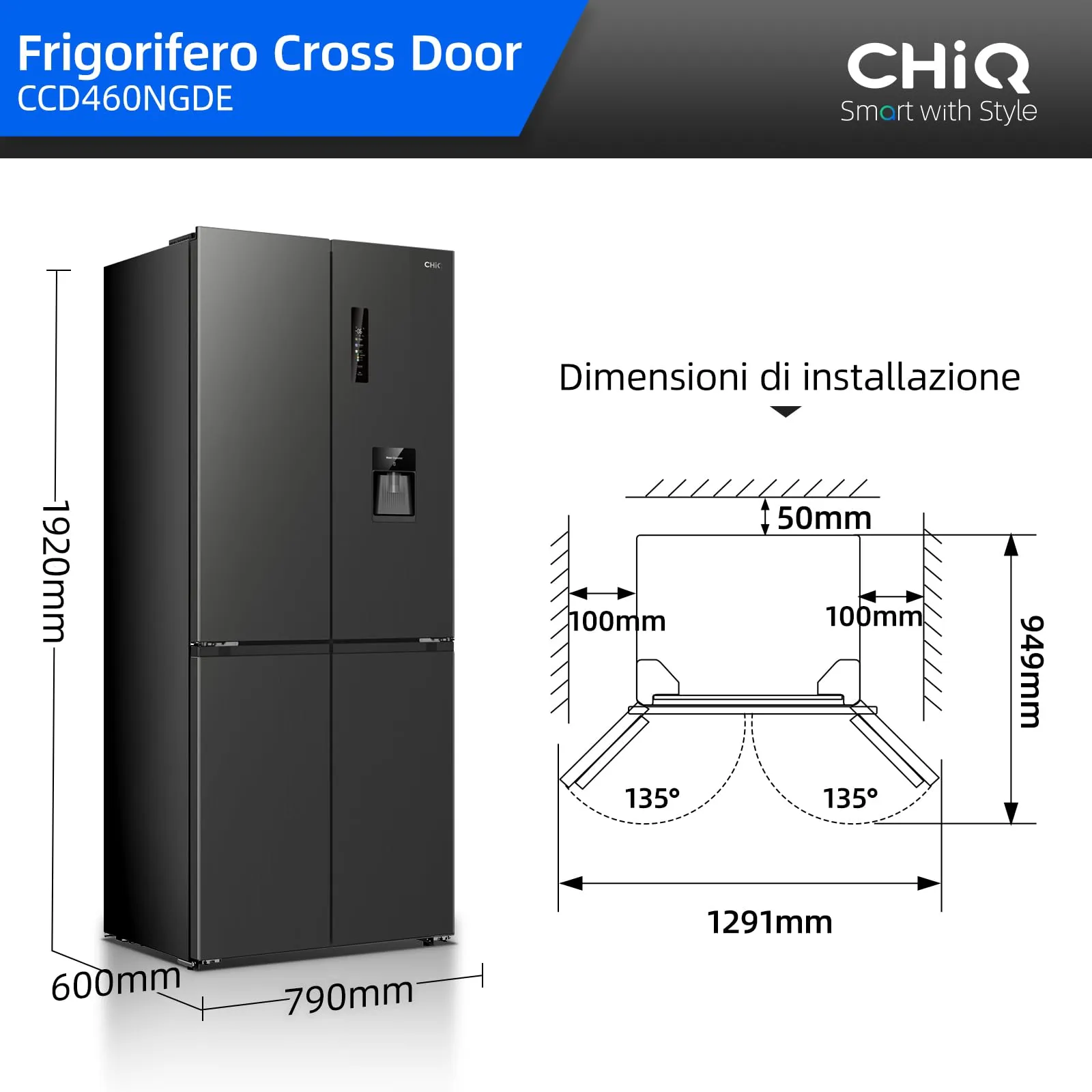 CHiQ Frigorifero Americano Door 458L con Dispenser Acqua 2,5L&No Frost Nero - immagine 2