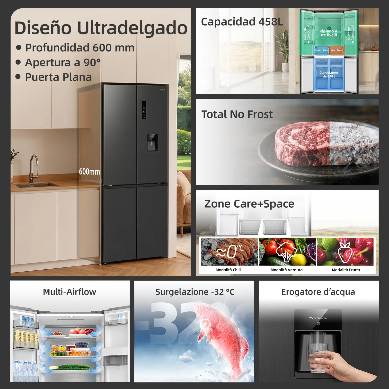 CHiQ Frigorifero Americano Door 458L con Dispenser Acqua 2,5L&No Frost Nero - immagine 3