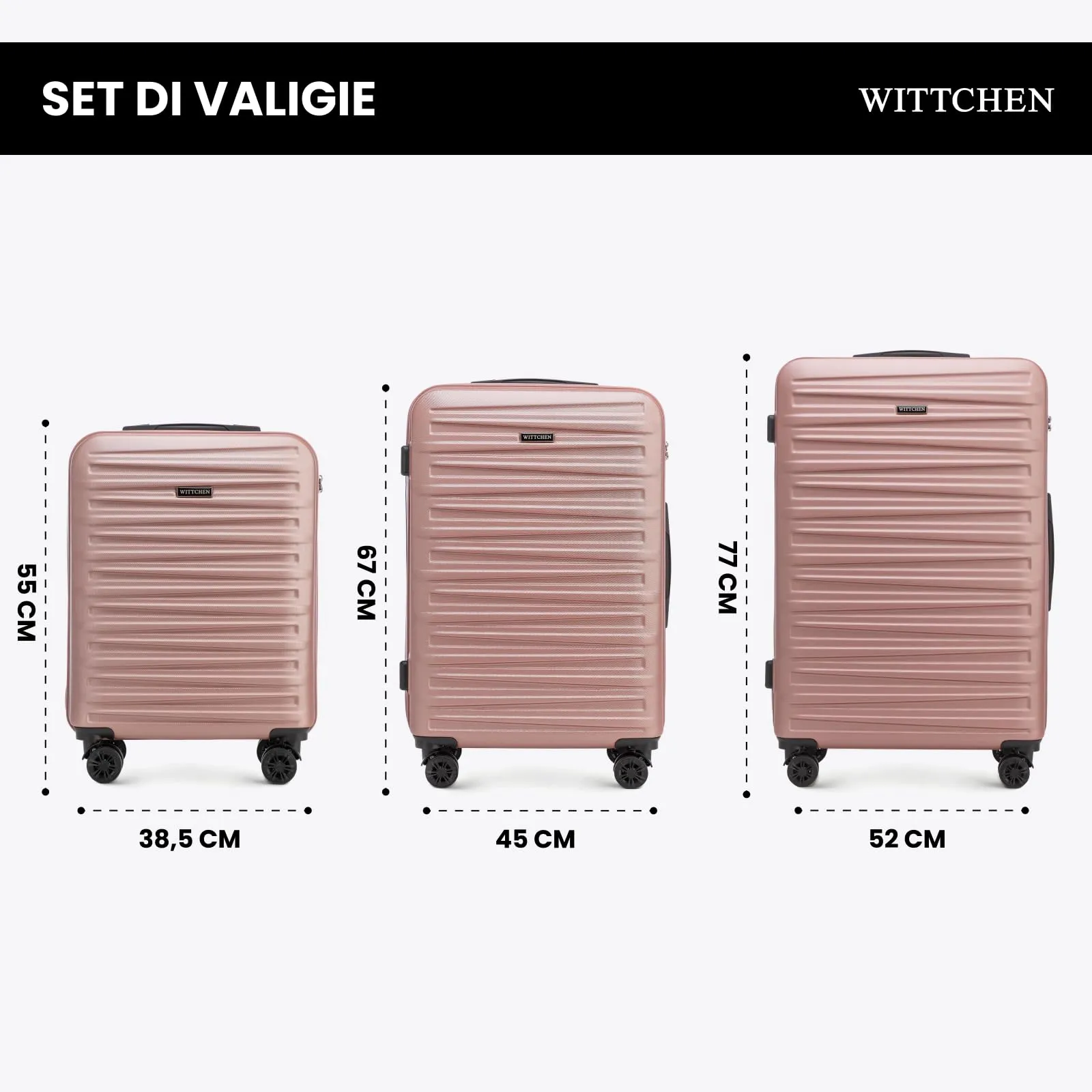 WITTCHEN Skyspeed Line Set di 3 valigie Valigia da viaggio Rolling Trolley Bagaglio a mano Set di valigie rigide in ABS con serratura a combinazione Manico telescopico 4 ruote Rosa Chiaro - immagine 2