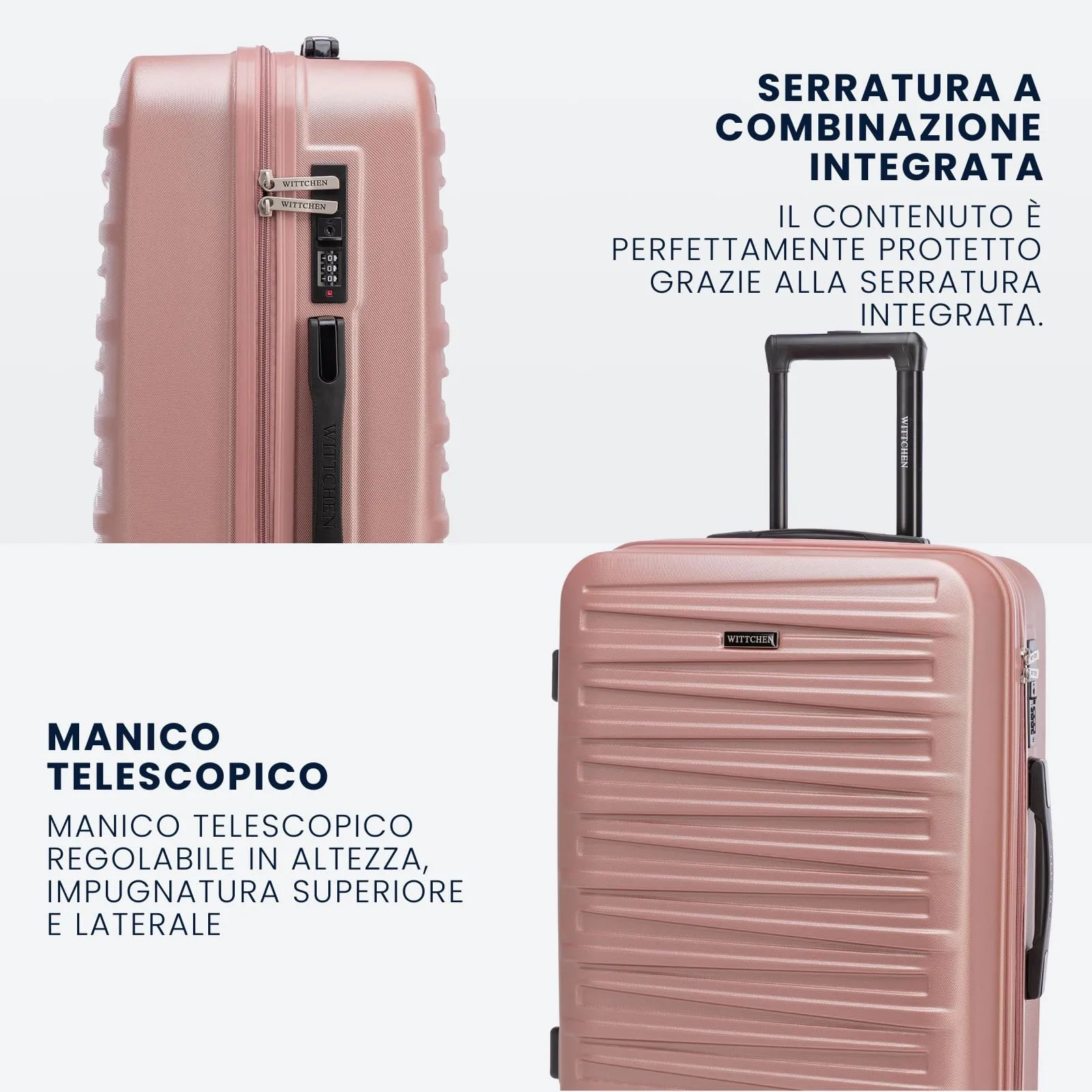 WITTCHEN Skyspeed Line Set di 3 valigie Valigia da viaggio Rolling Trolley Bagaglio a mano Set di valigie rigide in ABS con serratura a combinazione Manico telescopico 4 ruote Rosa Chiaro - immagine 4