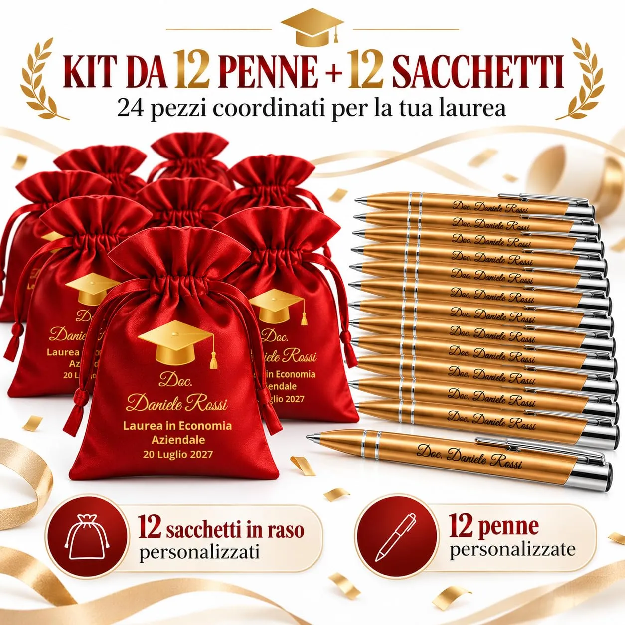 Cormar Kit Bomboniere Laurea Personalizzate, Rosso, 12 Sacchetti in Raso con 12 Penne Personalizzate, Nome, Facoltà e Data (STILE 15) - immagine 2