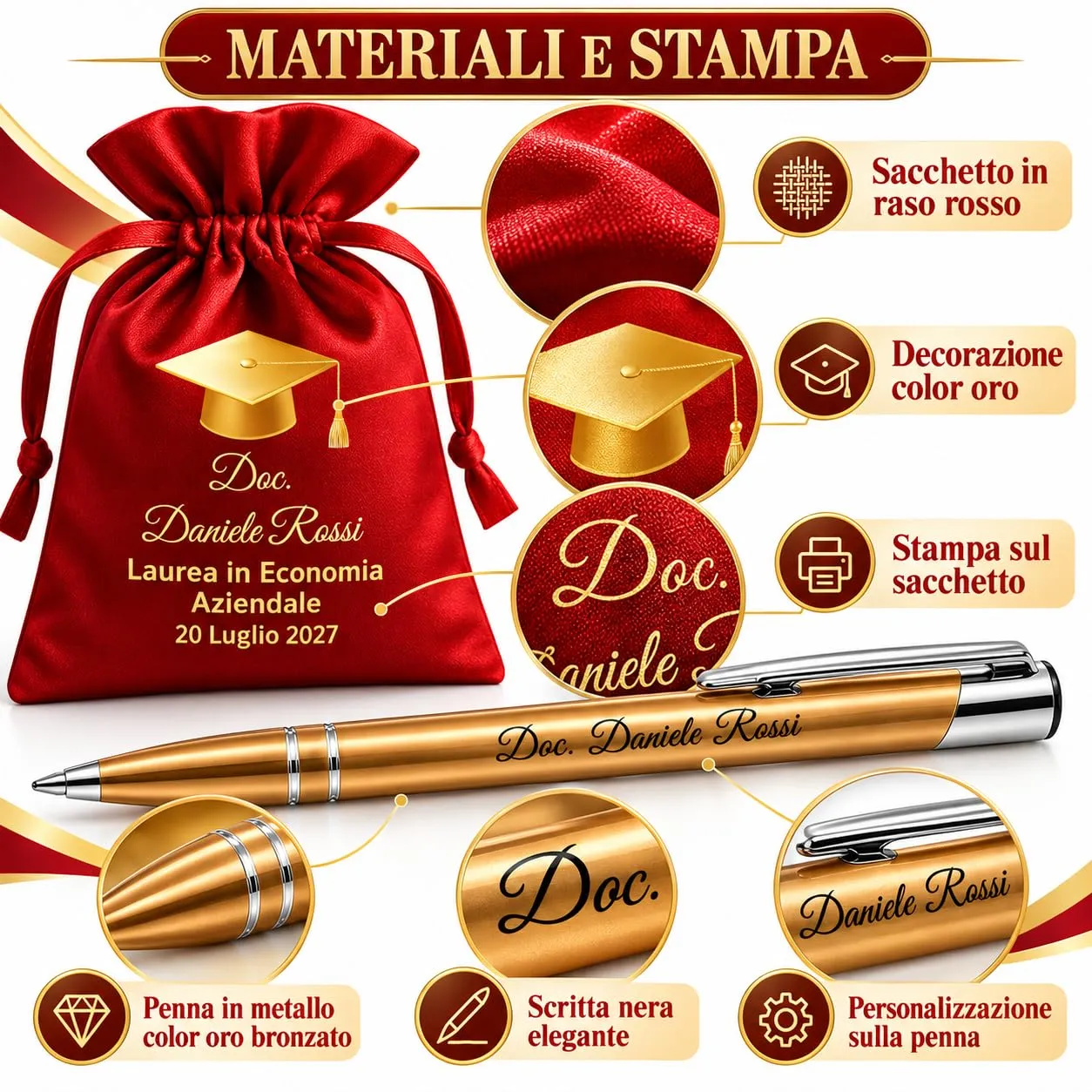 Cormar Kit Bomboniere Laurea Personalizzate, Rosso, 12 Sacchetti in Raso con 12 Penne Personalizzate, Nome, Facoltà e Data (STILE 15) - immagine 3