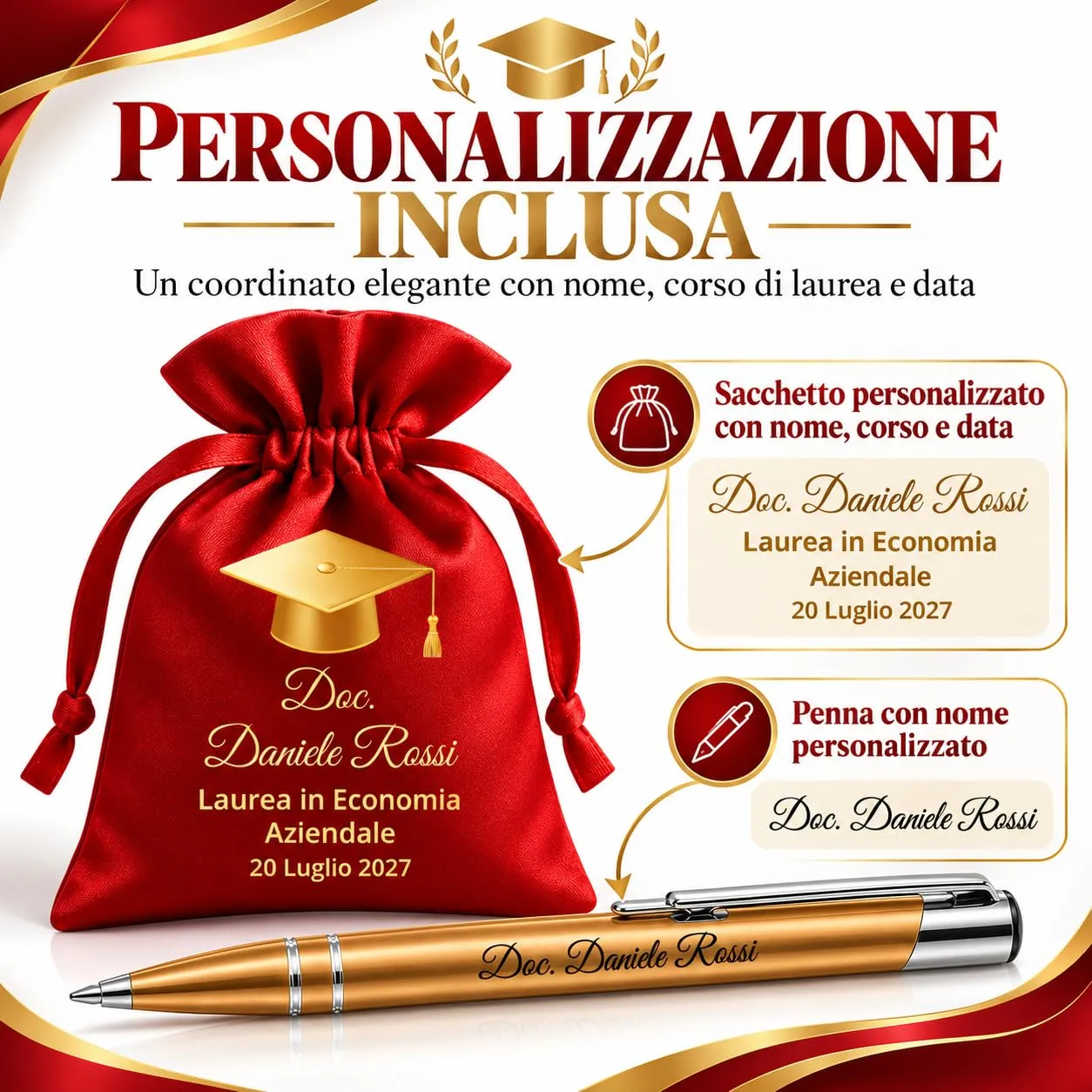 Cormar Kit Bomboniere Laurea Personalizzate, Rosso, 12 Sacchetti in Raso con 12 Penne Personalizzate, Nome, Facoltà e Data (STILE 15) - immagine 4