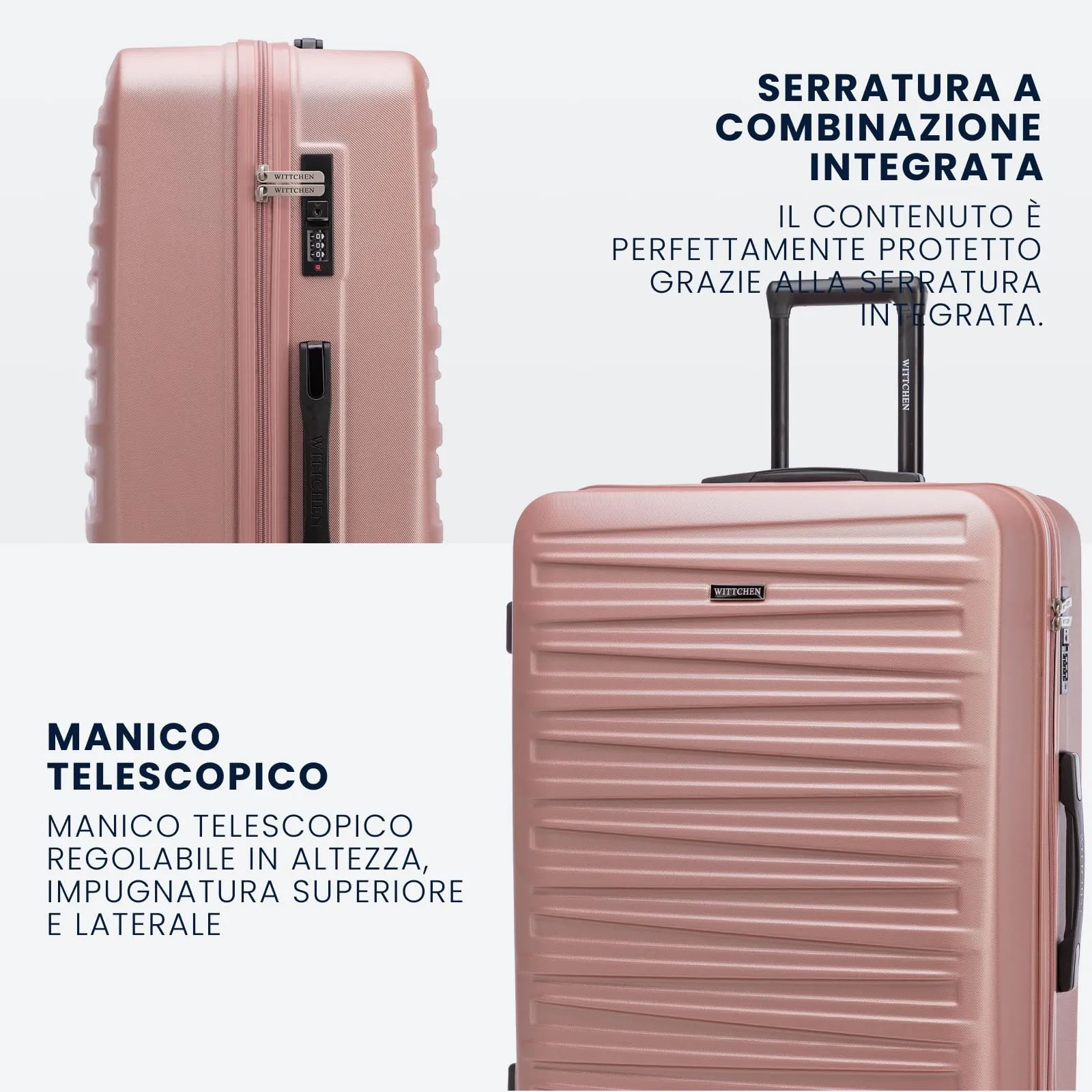 WITTCHEN Skyspeed Line Valigia grande Valigia rigida ABS Valigia grande Rolling Trolley Check-In Valigia da viaggio Serratura a combinazione Manico telescopico 4 Ruote Rosa Chiaro - immagine 4