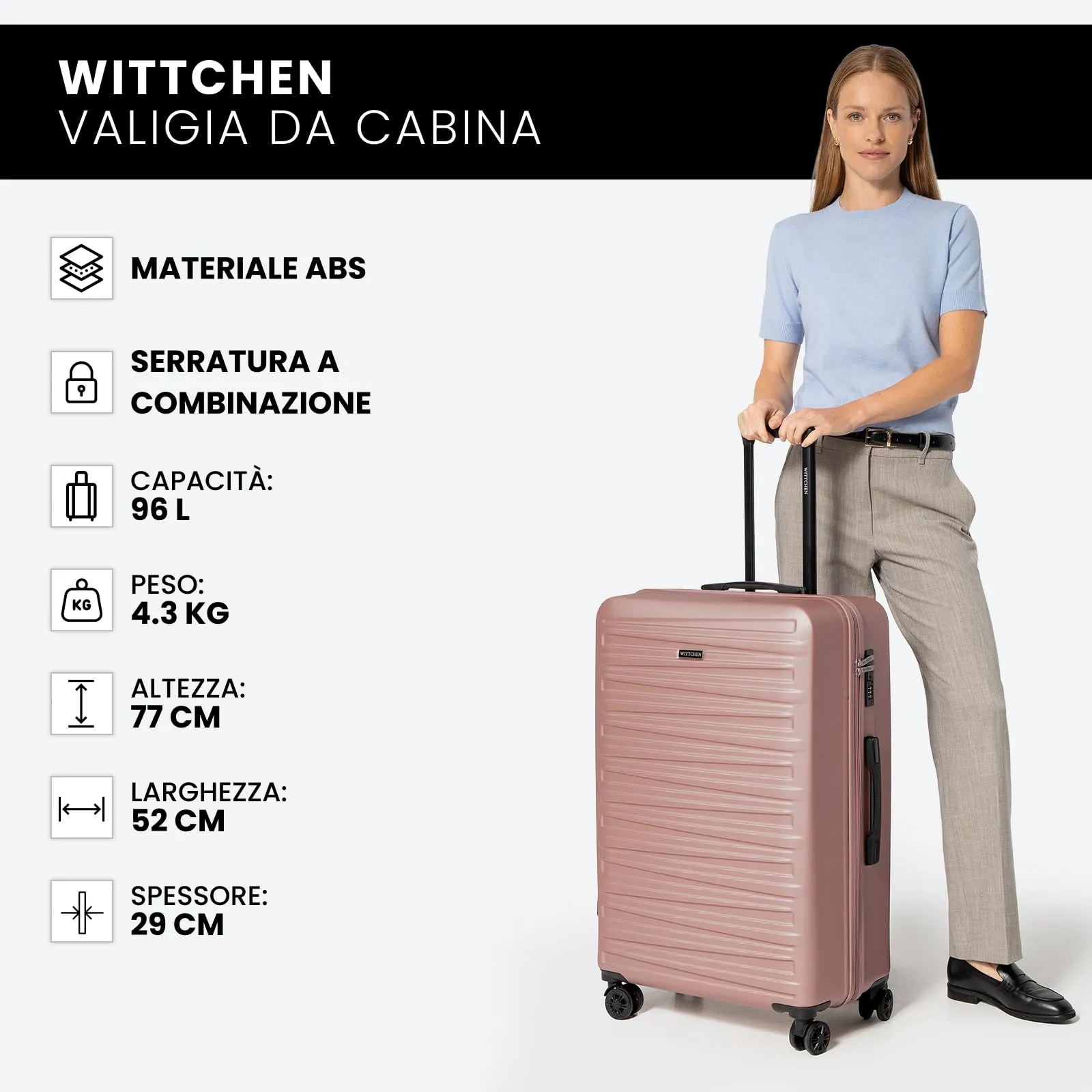 WITTCHEN Skyspeed Line Valigia grande Valigia rigida ABS Valigia grande Rolling Trolley Check-In Valigia da viaggio Serratura a combinazione Manico telescopico 4 Ruote Rosa Chiaro - immagine 7