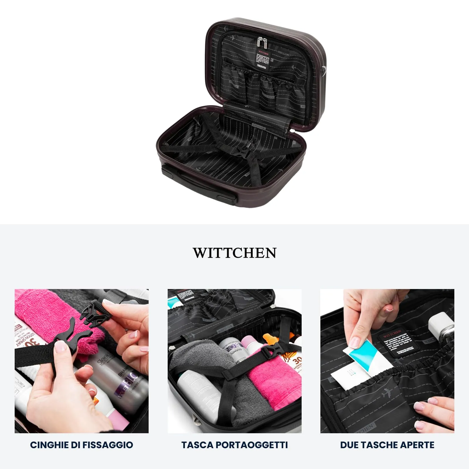 WITTCHEN Skyspeed Line Valigia cosmetica da viaggio Valigia rigida in ABS Borsa da toilette Valigia cosmetica Tracolla da donna Tracolla elastica per bagagli Marrone scuro - immagine 5