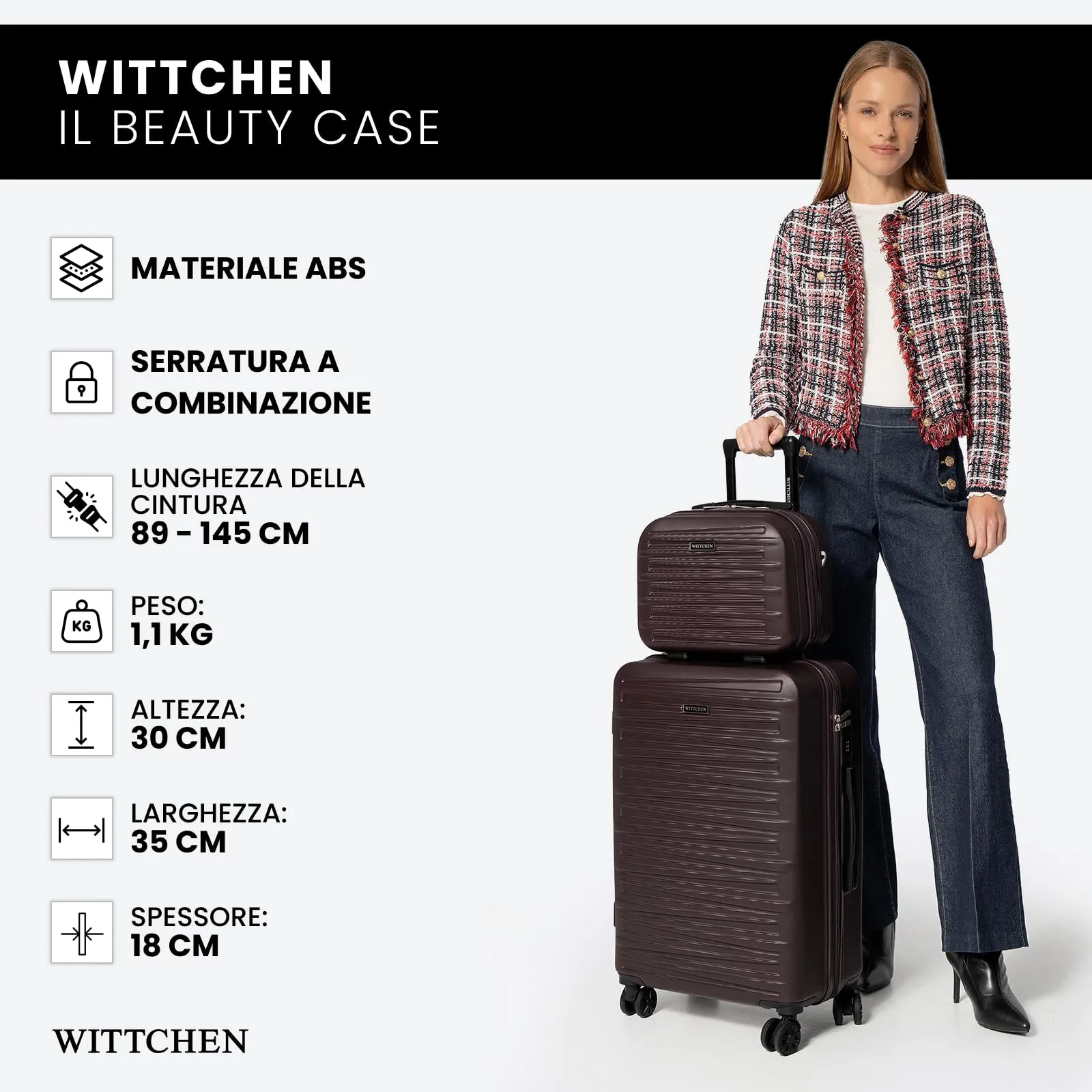 WITTCHEN Skyspeed Line Valigia cosmetica da viaggio Valigia rigida in ABS Borsa da toilette Valigia cosmetica Tracolla da donna Tracolla elastica per bagagli Marrone scuro - immagine 7