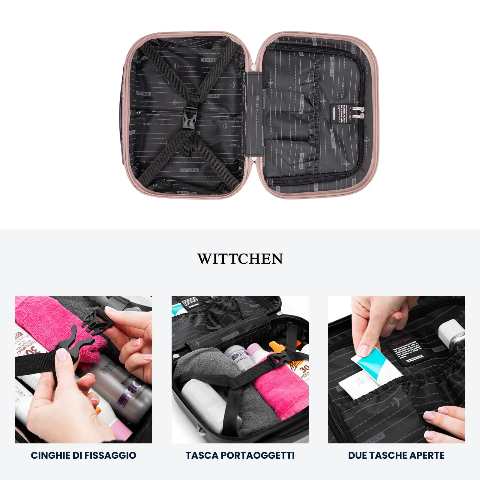 WITTCHEN Skyspeed Line Valigia cosmetica da viaggio Valigia rigida in ABS Borsa da toilette Valigia cosmetica Tracolla da donna Tracolla elastica per bagagli Rosa Chiaro - immagine 5
