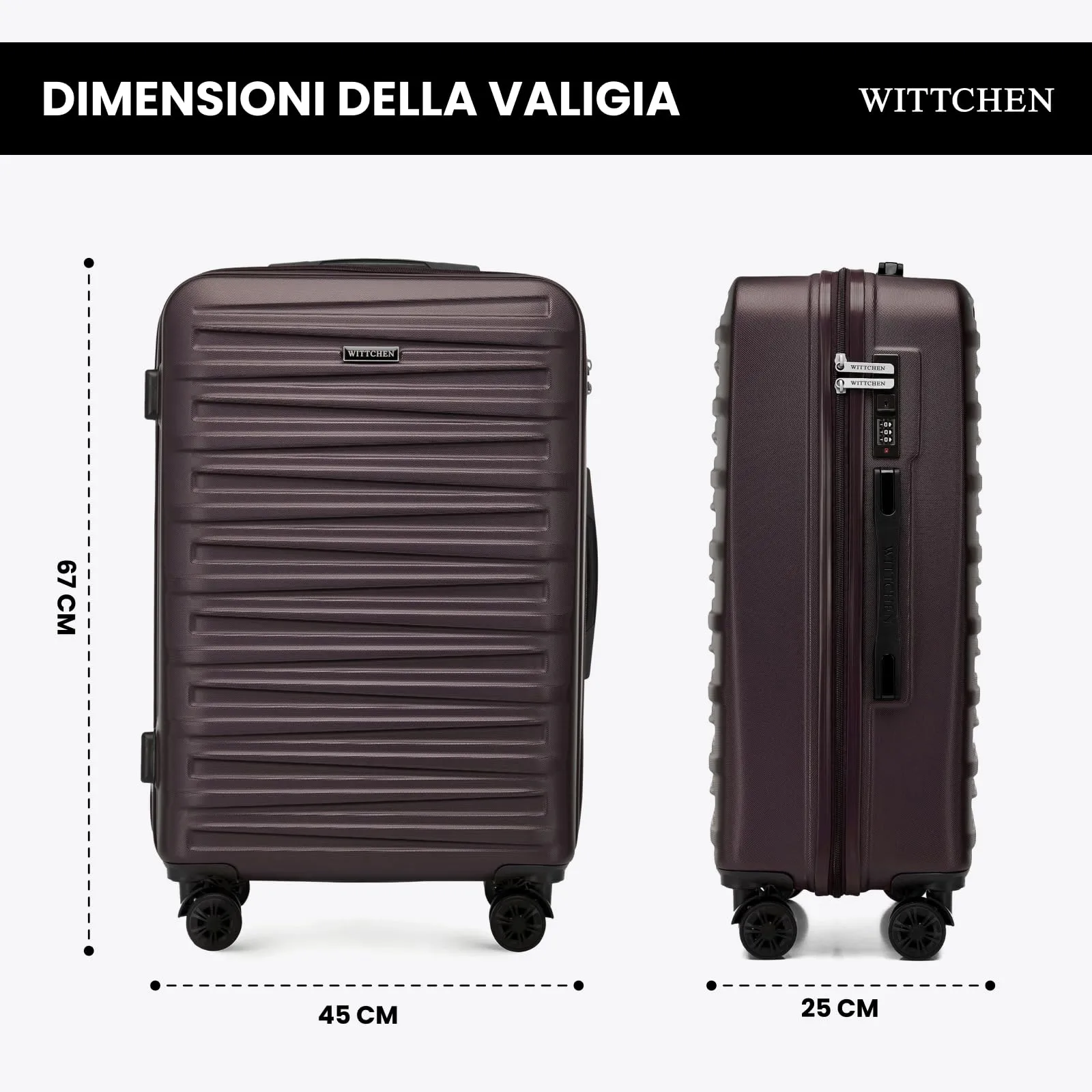 WITTCHEN Skyspeed Line Valigia media Valigia rigida Valigia con ruote in ABS Trolley medio Valigia da viaggio Serratura a combinazione Manico telescopico 4 ruote Marrone scuro - immagine 2