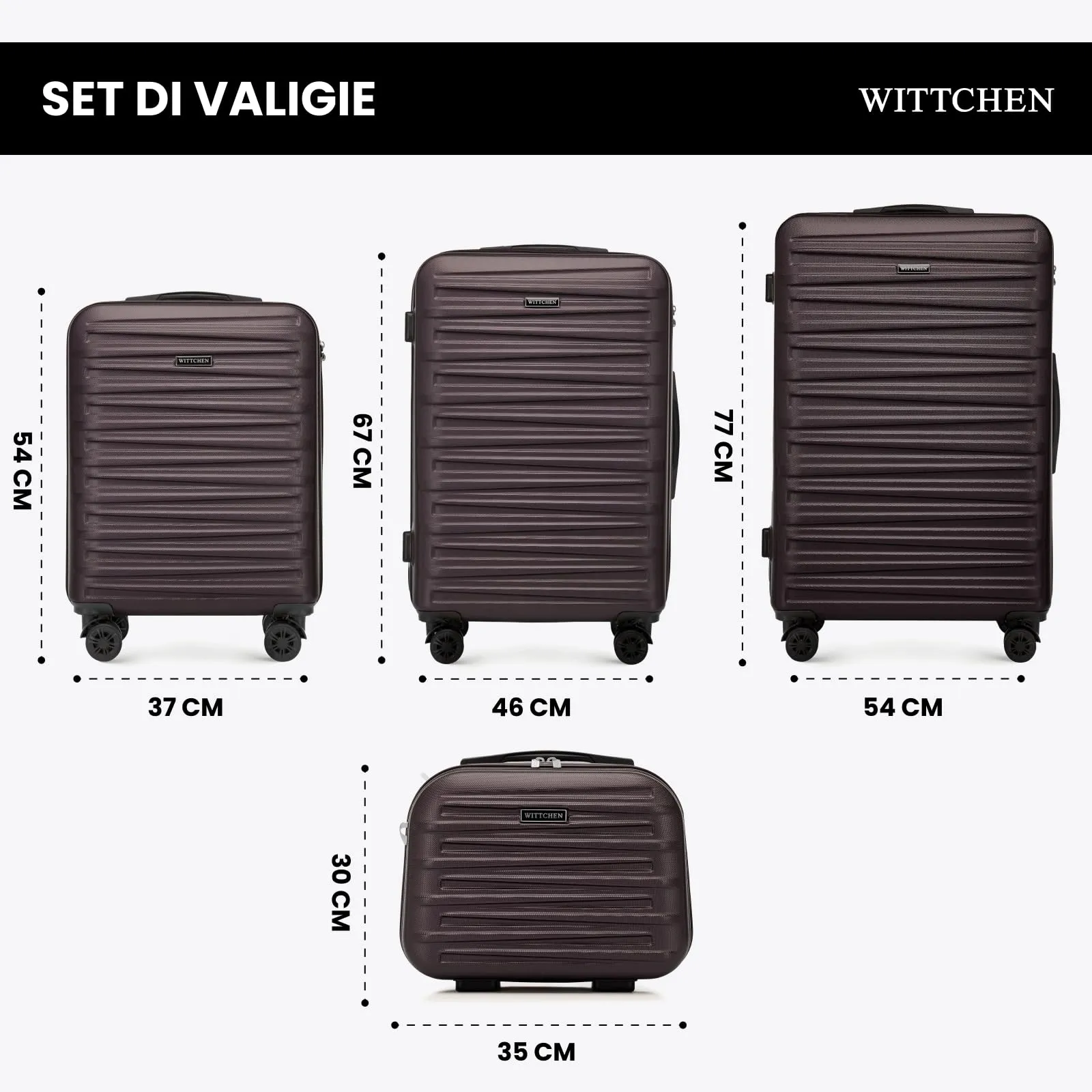 WITTCHEN Skyspeed Line Set di 4 valigie con custodia per cosmetici Valigia da viaggio trolley bagaglio a mano valigia rigida ABS chiusura a combinazione manico telescopico 4 ruote Marrone scuro - immagine 2