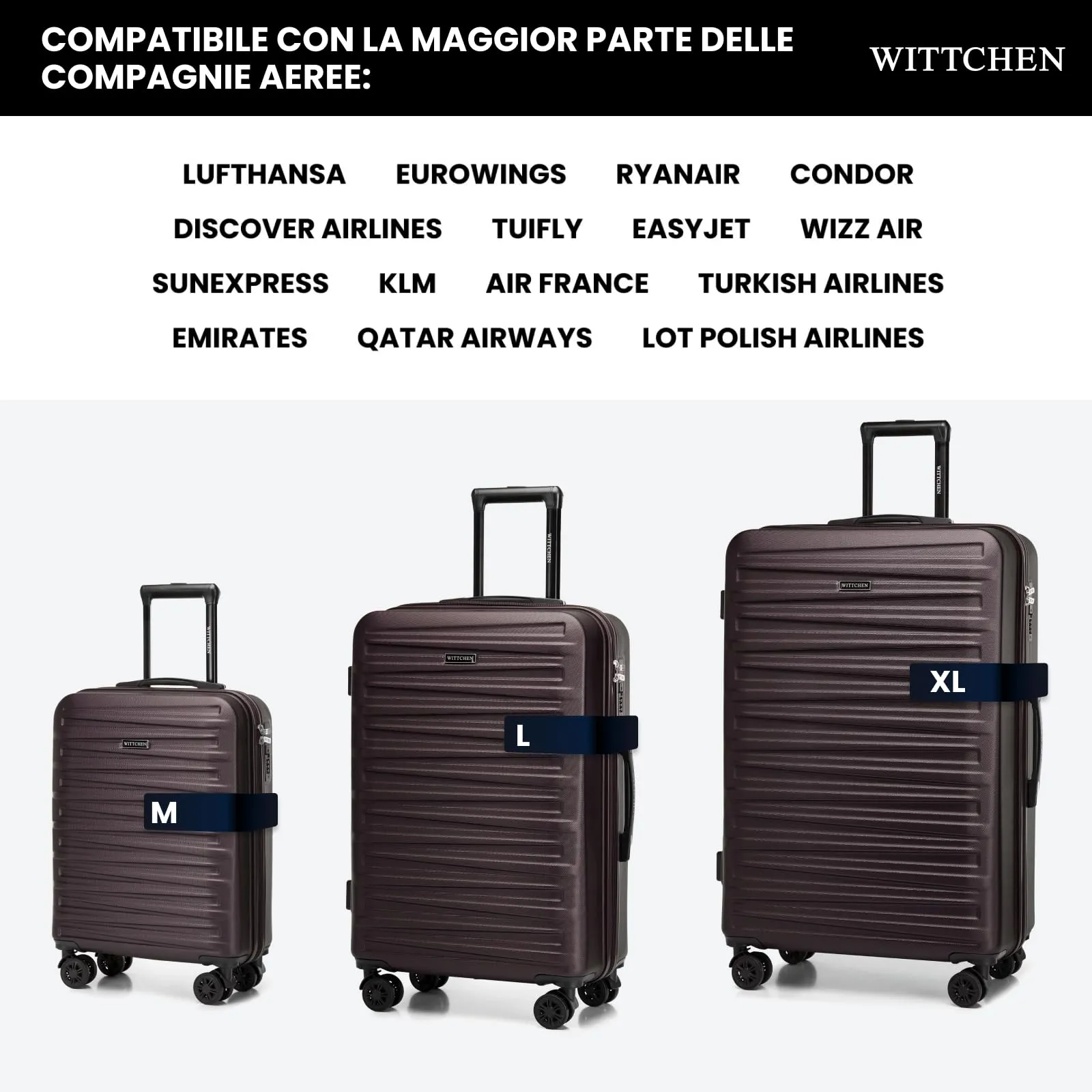 WITTCHEN Skyspeed Line Set di 4 valigie con custodia per cosmetici Valigia da viaggio trolley bagaglio a mano valigia rigida ABS chiusura a combinazione manico telescopico 4 ruote Marrone scuro - immagine 6