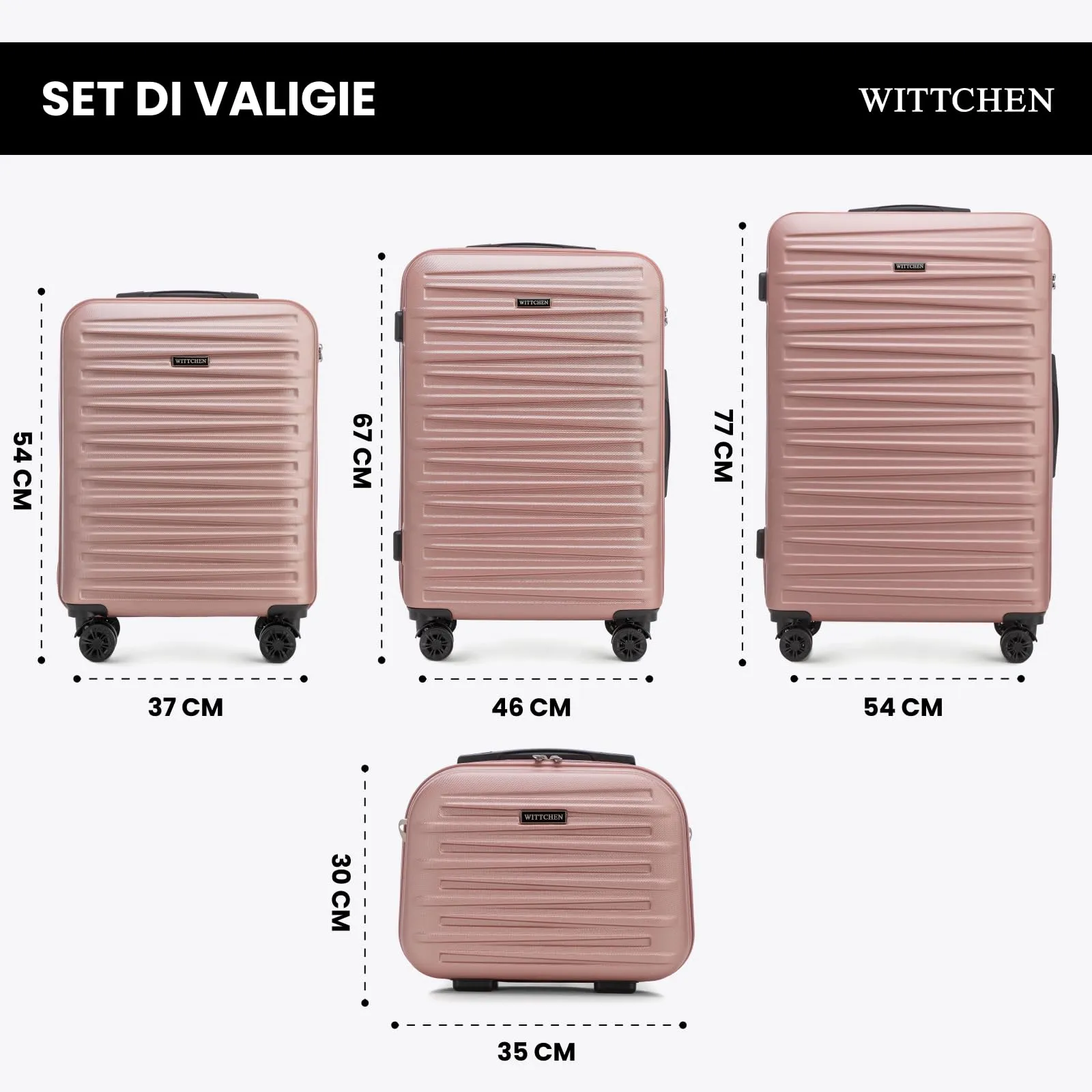 WITTCHEN Skyspeed Line Set di 4 valigie con custodia per cosmetici Valigia da viaggio trolley bagaglio a mano valigia rigida ABS chiusura a combinazione manico telescopico 4 ruote Rosa Chiaro - immagine 2