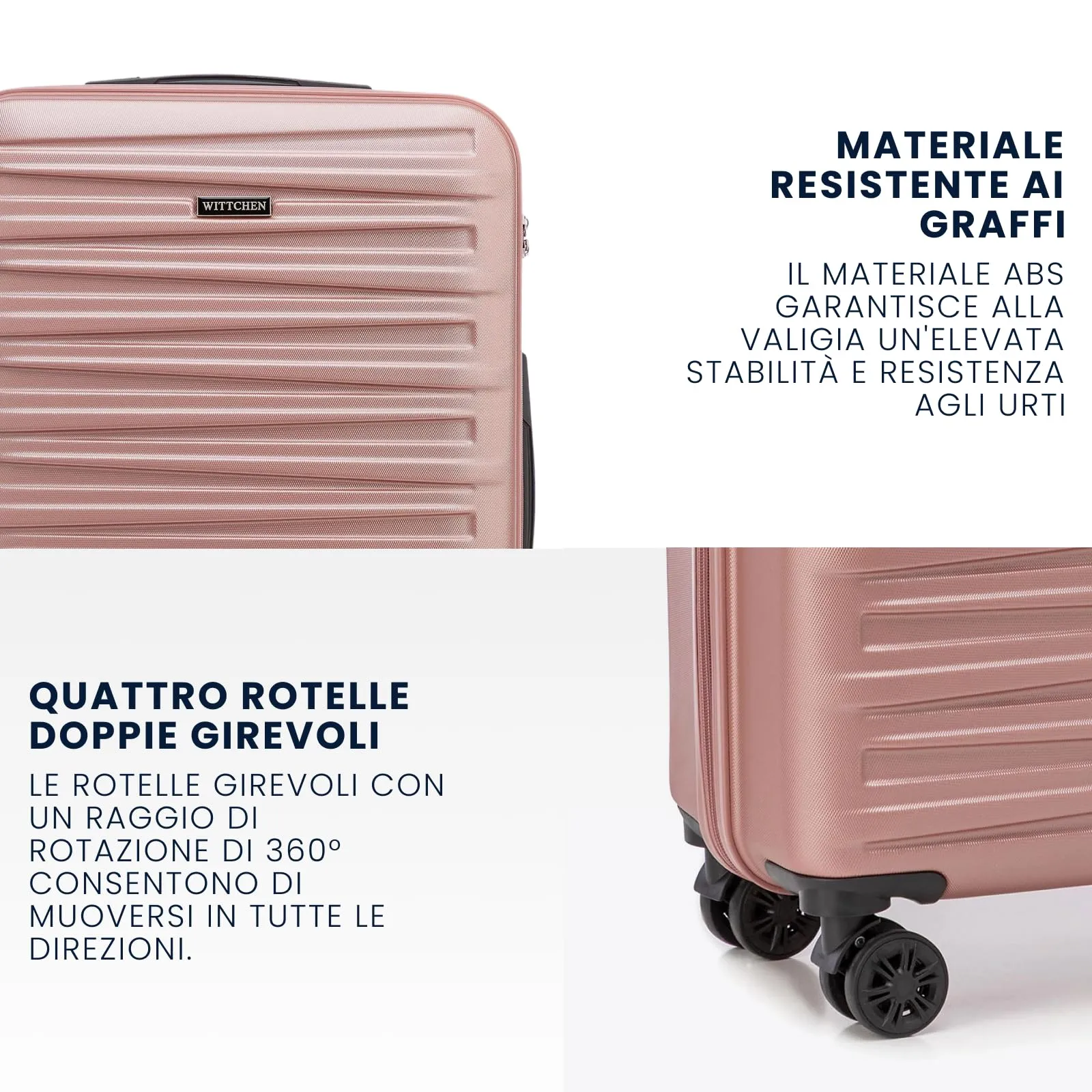 WITTCHEN Skyspeed Line Set di 4 valigie con custodia per cosmetici Valigia da viaggio trolley bagaglio a mano valigia rigida ABS chiusura a combinazione manico telescopico 4 ruote Rosa Chiaro - immagine 3
