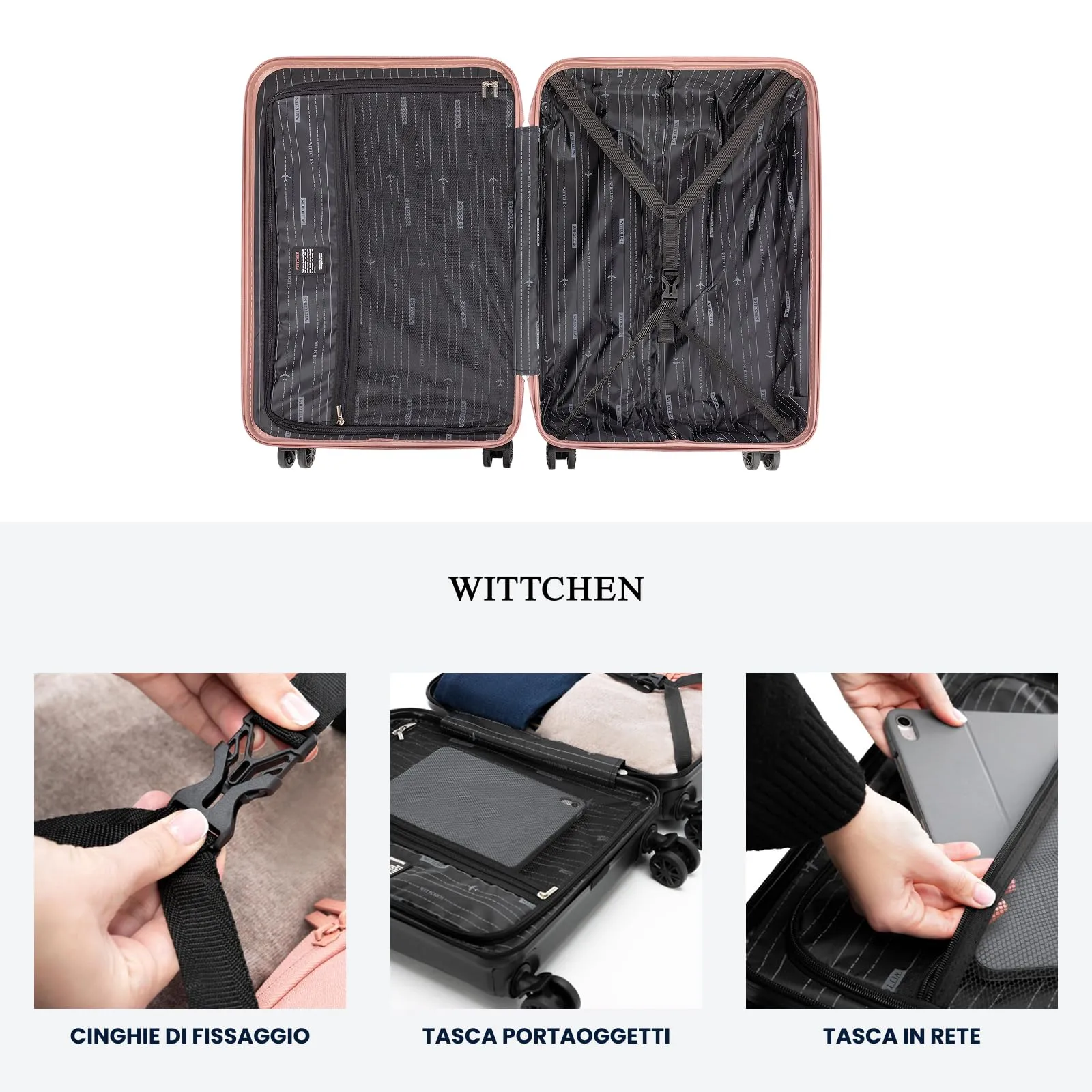 WITTCHEN Skyspeed Line Set di 4 valigie con custodia per cosmetici Valigia da viaggio trolley bagaglio a mano valigia rigida ABS chiusura a combinazione manico telescopico 4 ruote Rosa Chiaro - immagine 5