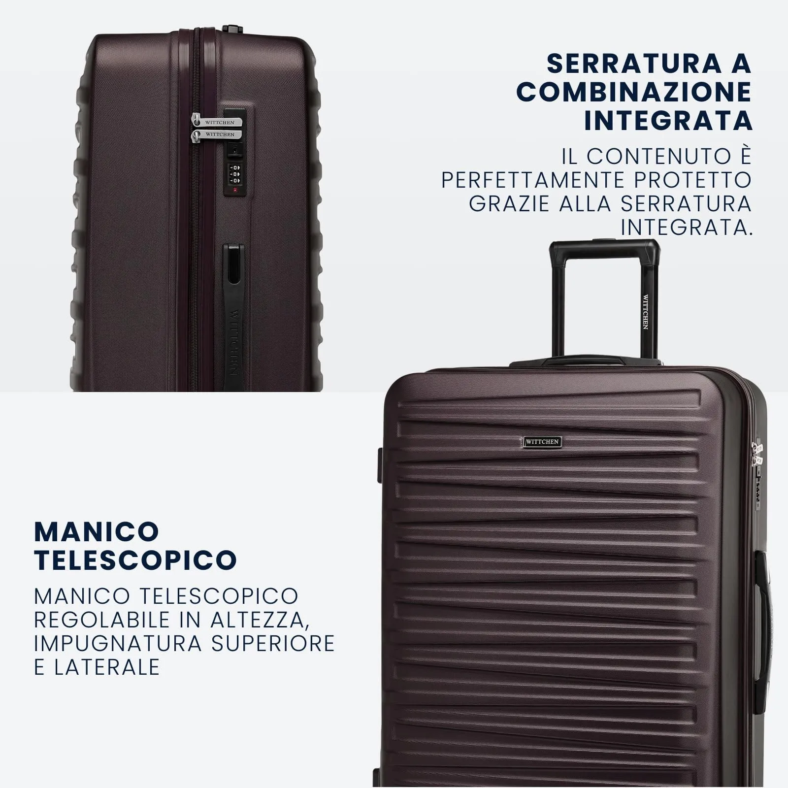 WITTCHEN Skyspeed Line Valigia grande Valigia rigida ABS Valigia grande Rolling Trolley Check-In Valigia da viaggio Serratura a combinazione Manico telescopico 4 Ruote Marrone scuro - immagine 4