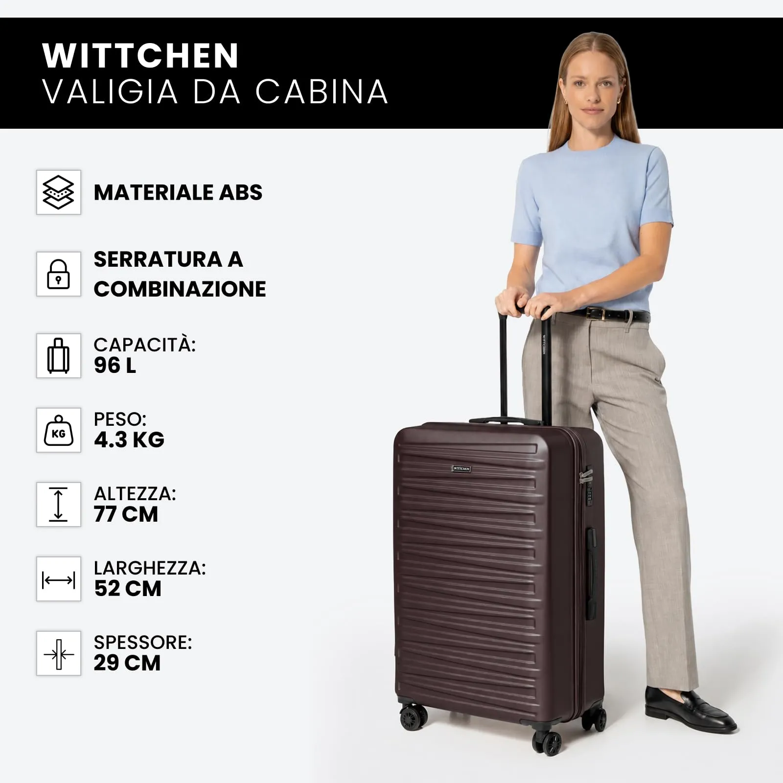 WITTCHEN Skyspeed Line Valigia grande Valigia rigida ABS Valigia grande Rolling Trolley Check-In Valigia da viaggio Serratura a combinazione Manico telescopico 4 Ruote Marrone scuro - immagine 7