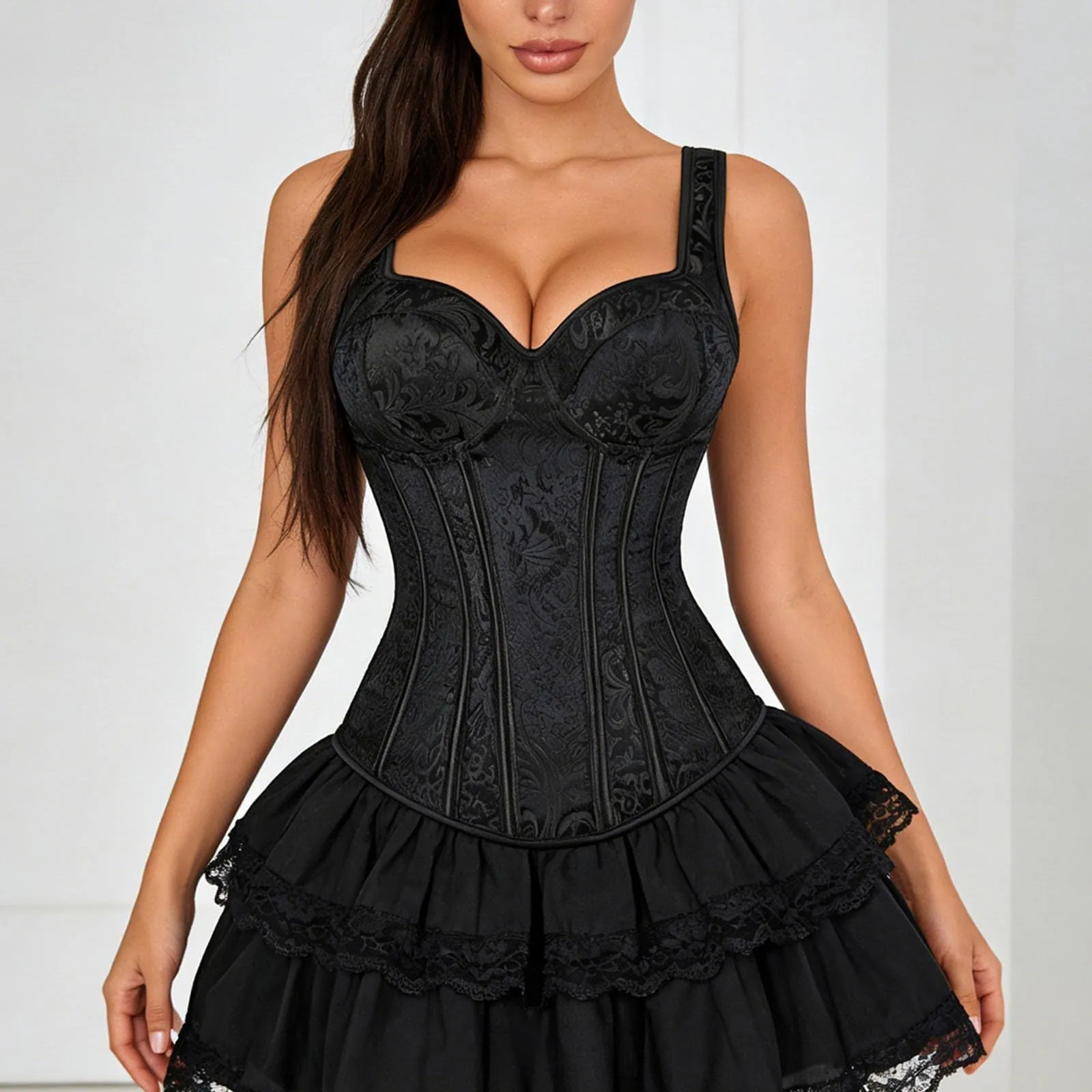 Mini abito corsetto nero da donna con corpetto in pizzo, spalline sottili e - immagine 2