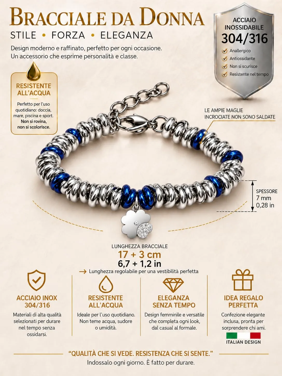 Dada Gioielli Bracciale Donna Anelli Intrecciati Nodino Quadrifoglio Blu - immagine 4