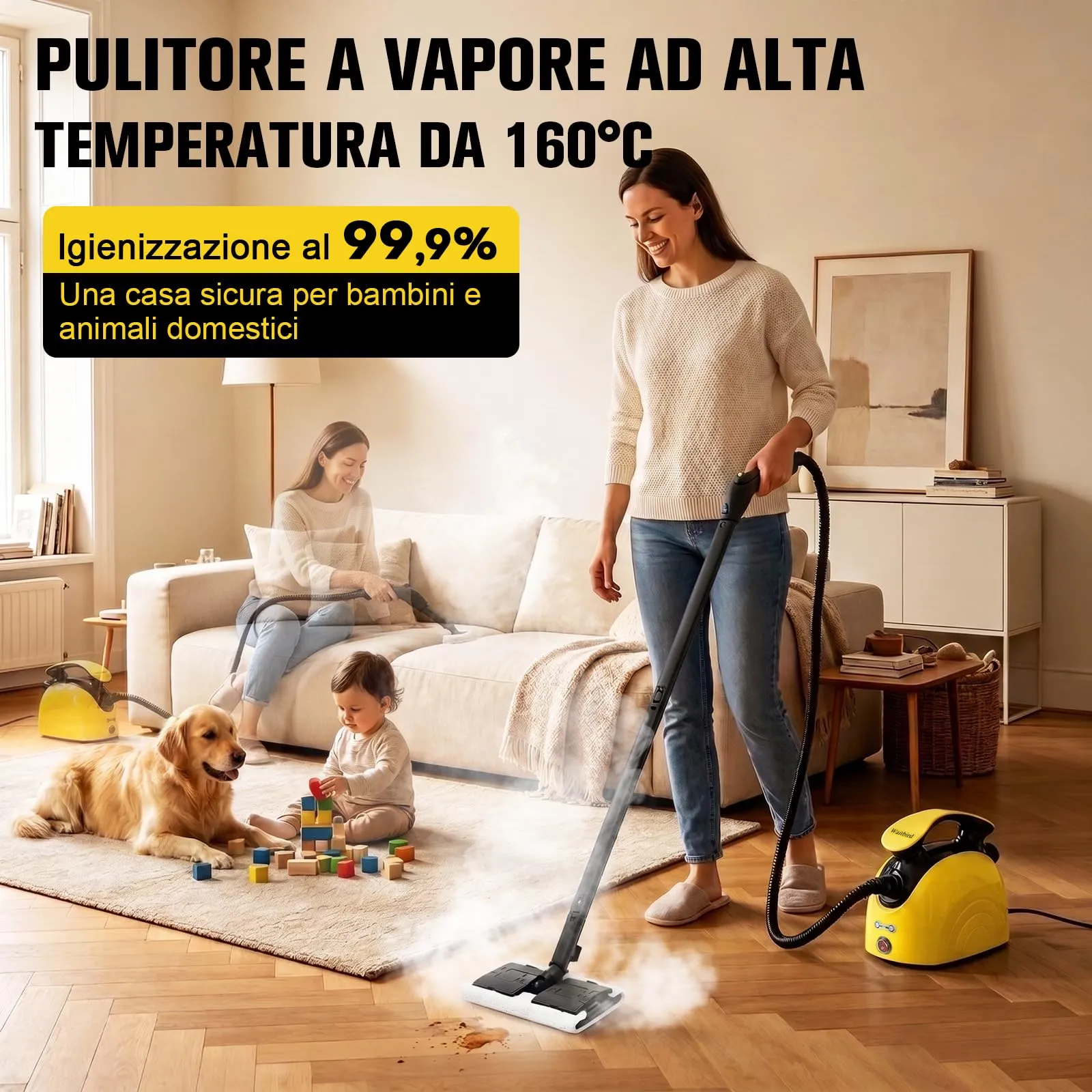 Waitbird Pulitore a vapore, con 21 accessori, vapore caldo a 120 °C, adatto per pavimenti, fughe tra piastrelle, piastrelle e pulizia auto. - immagine 2