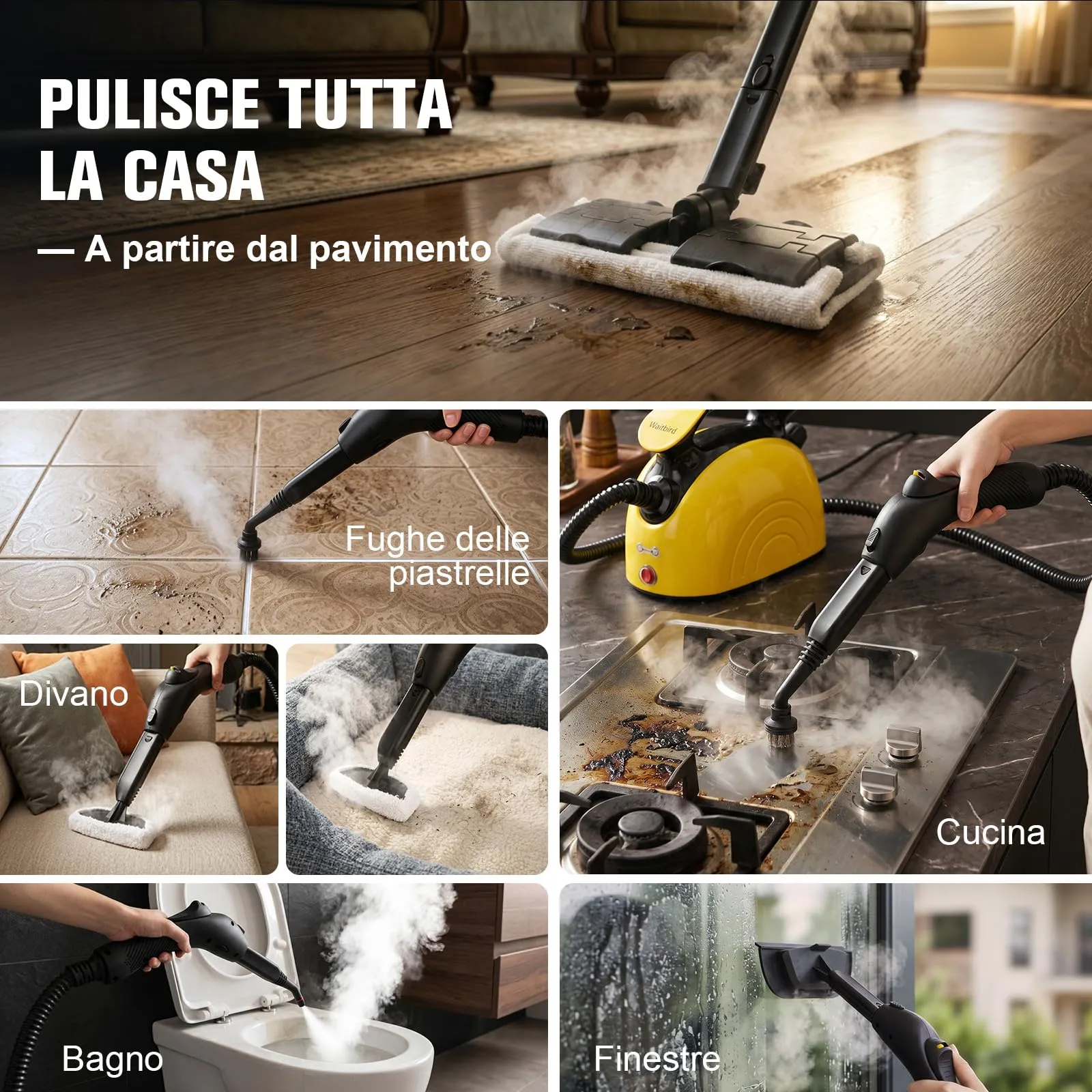 Waitbird Pulitore a vapore, con 21 accessori, vapore caldo a 120 °C, adatto per pavimenti, fughe tra piastrelle, piastrelle e pulizia auto. - immagine 7