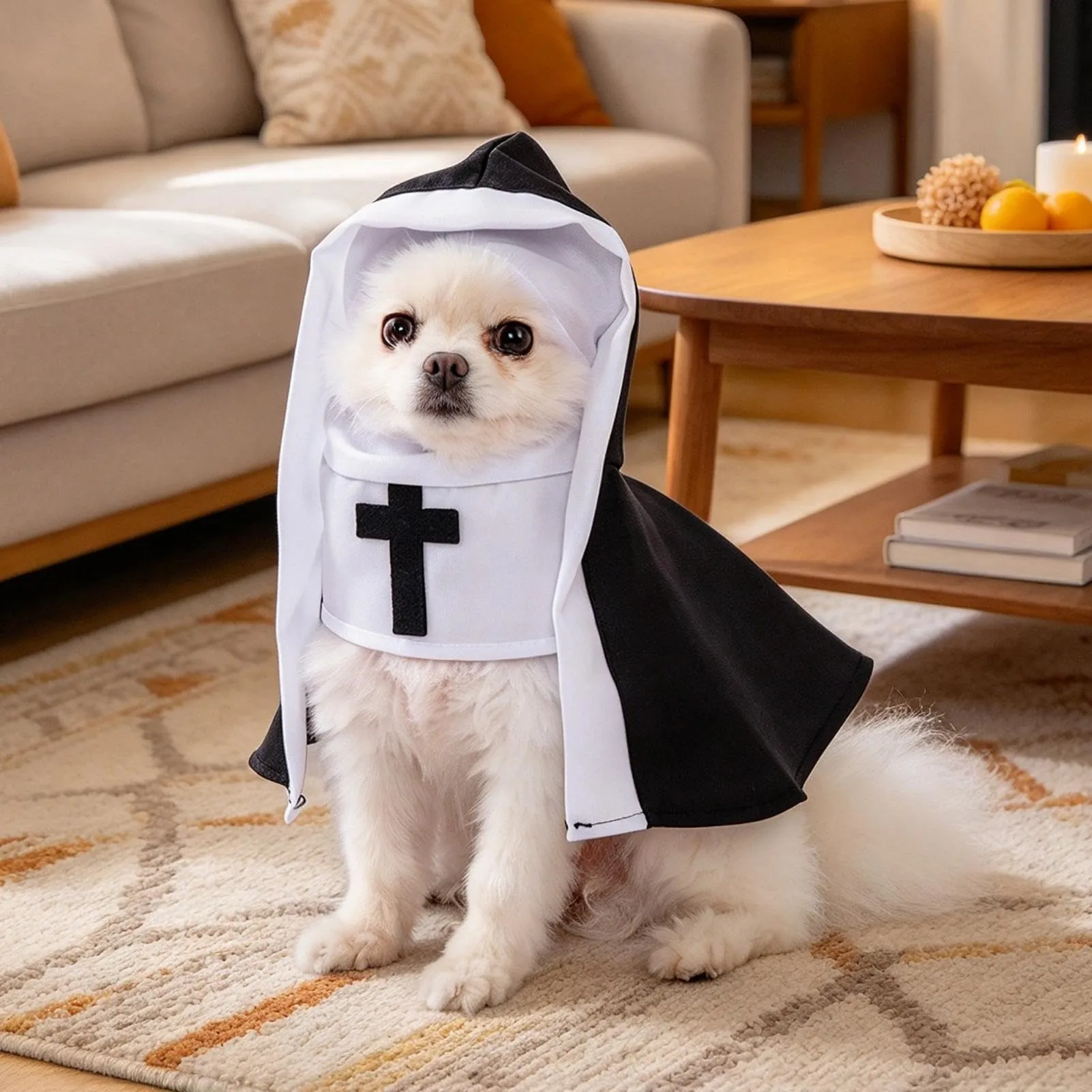 Costume da Suora per Gatti Vestito Cosplay per Animali con Cappuccio Bianco - immagine 3