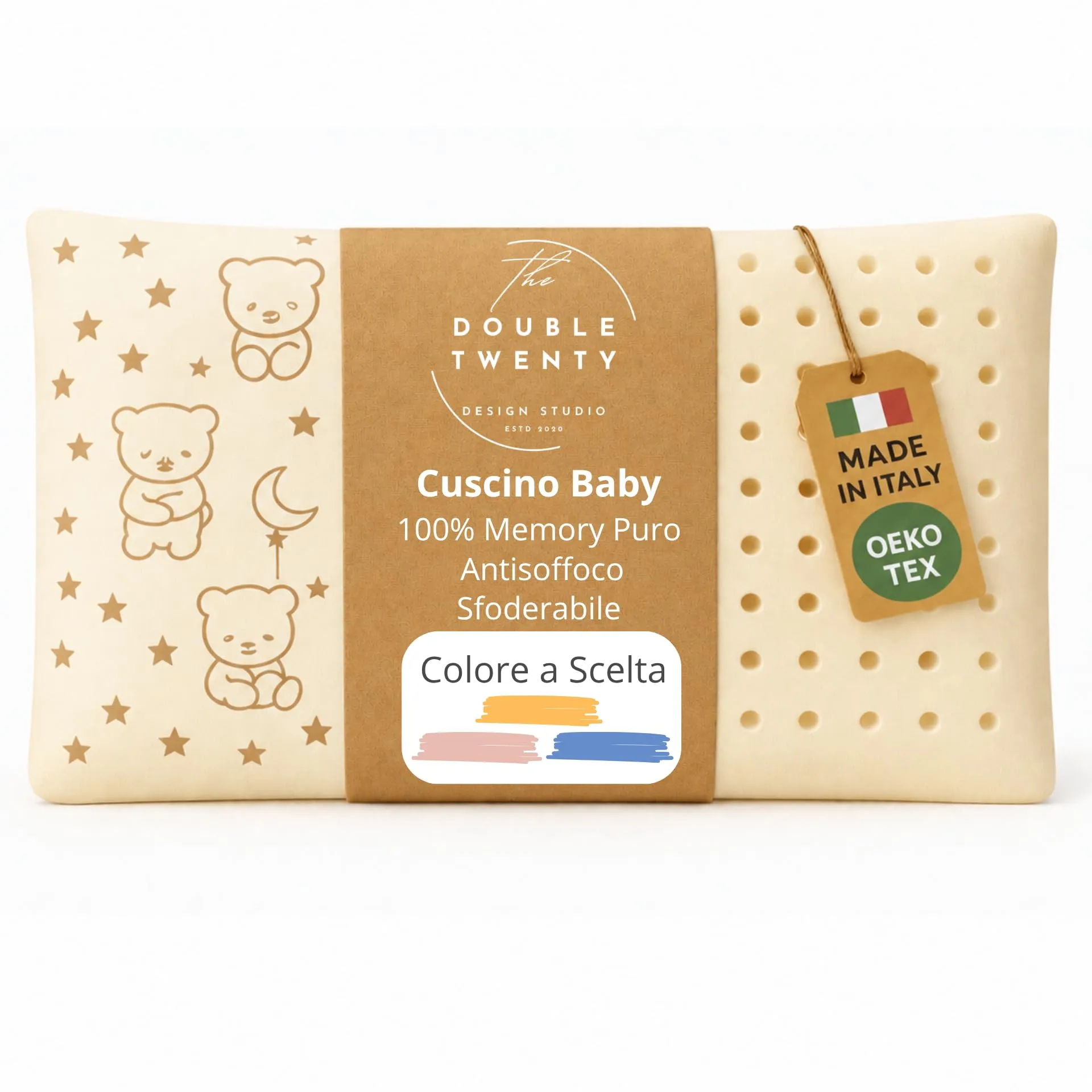 Double Twenty Cuscino Baby Memory Antisoffoco 50x30 cm - Cuscino Neonato 100% Memory Puro Tecnica Millefori - Ipoallergenico Antiacaro Sfoderabile - Made in Italy - Beige - immagine 1