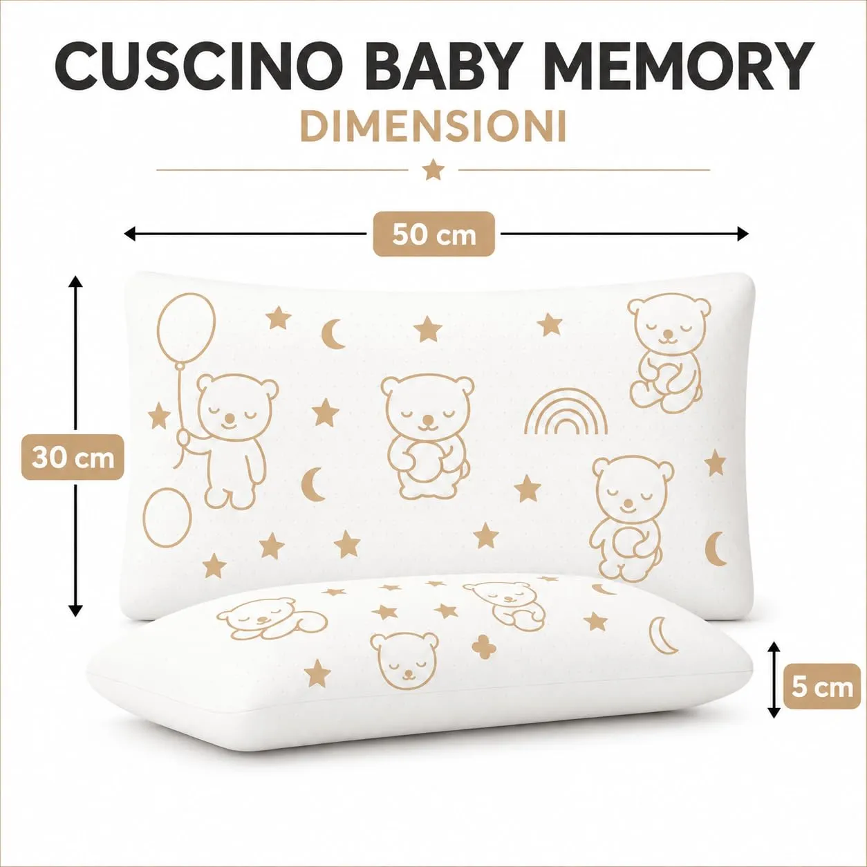 Double Twenty Cuscino Baby Memory Antisoffoco 50x30 cm - Cuscino Neonato 100% Memory Puro Tecnica Millefori - Ipoallergenico Antiacaro Sfoderabile - Made in Italy - Beige - immagine 2