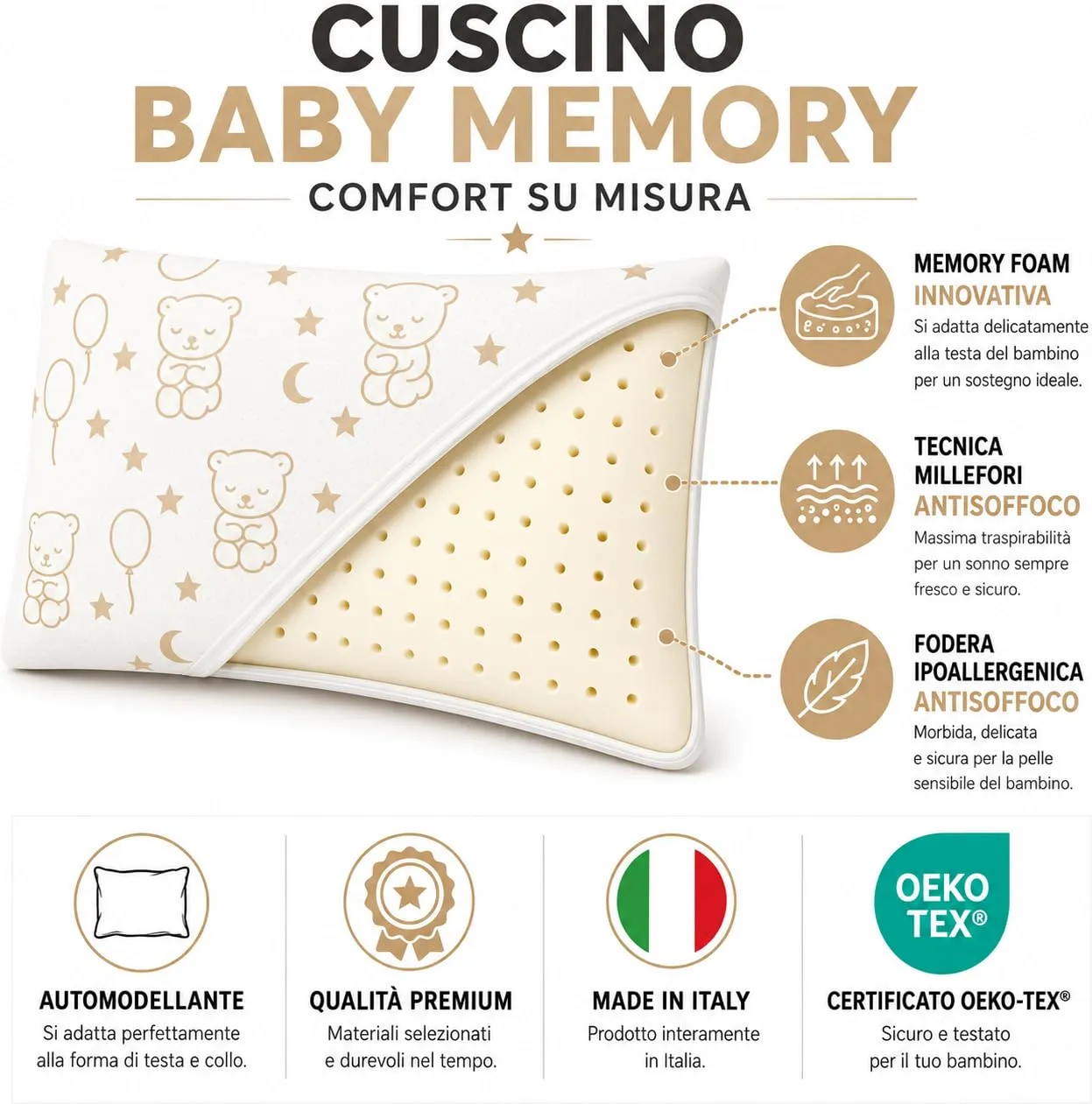 Double Twenty Cuscino Baby Memory Antisoffoco 50x30 cm - Cuscino Neonato 100% Memory Puro Tecnica Millefori - Ipoallergenico Antiacaro Sfoderabile - Made in Italy - Beige - immagine 4
