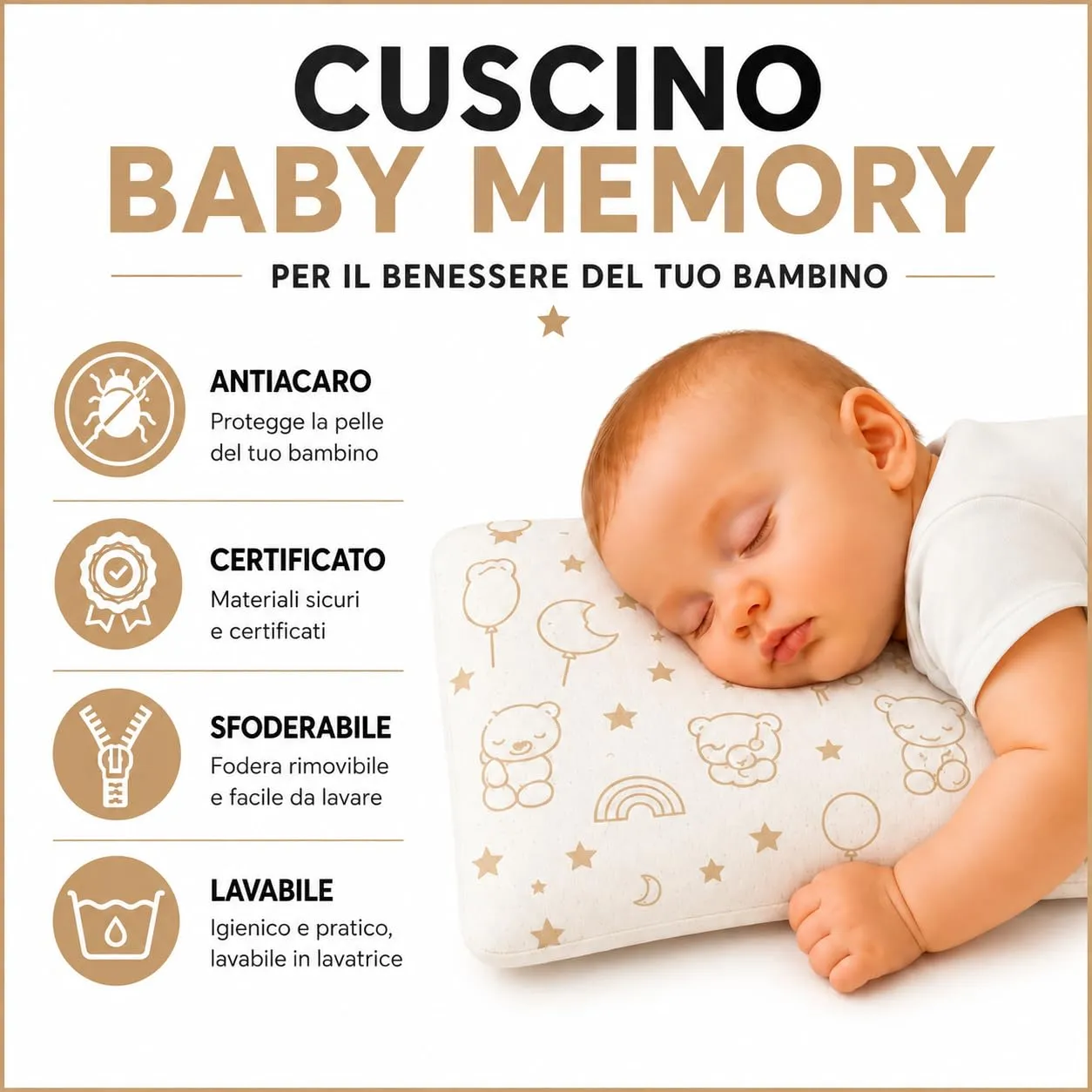 Double Twenty Cuscino Baby Memory Antisoffoco 50x30 cm - Cuscino Neonato 100% Memory Puro Tecnica Millefori - Ipoallergenico Antiacaro Sfoderabile - Made in Italy - Beige - immagine 5