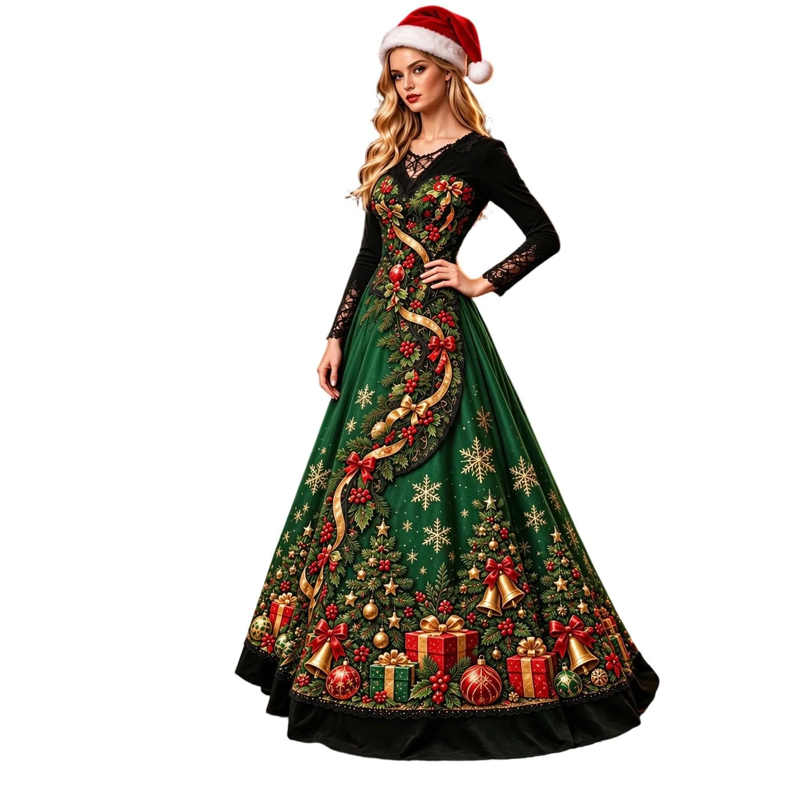 Costume Natale Donna Divertente Elegante Vestito a Gonna Ampi Manica in Pizzo Vestiti Maxi Scollo a V Maniche Lunghe in Pizzo Motivo Natalizia Abito per Natalizi Carnevale e Sessioni Fotografiche - immagine 1