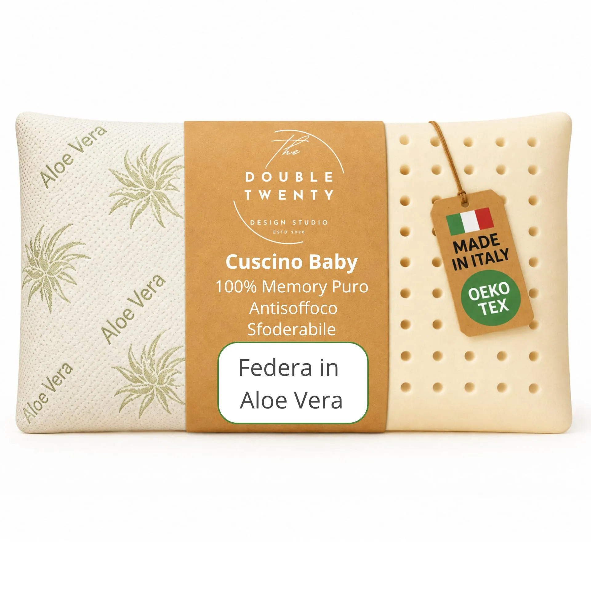 Double Twenty Cuscino Baby Memory Antisoffoco 50x30 cm - Cuscino Neonato 100% Memory Puro Tecnica Millefori - Ipoallergenico Antiacaro Sfoderabile - Made in Italy - Aloe - immagine 1