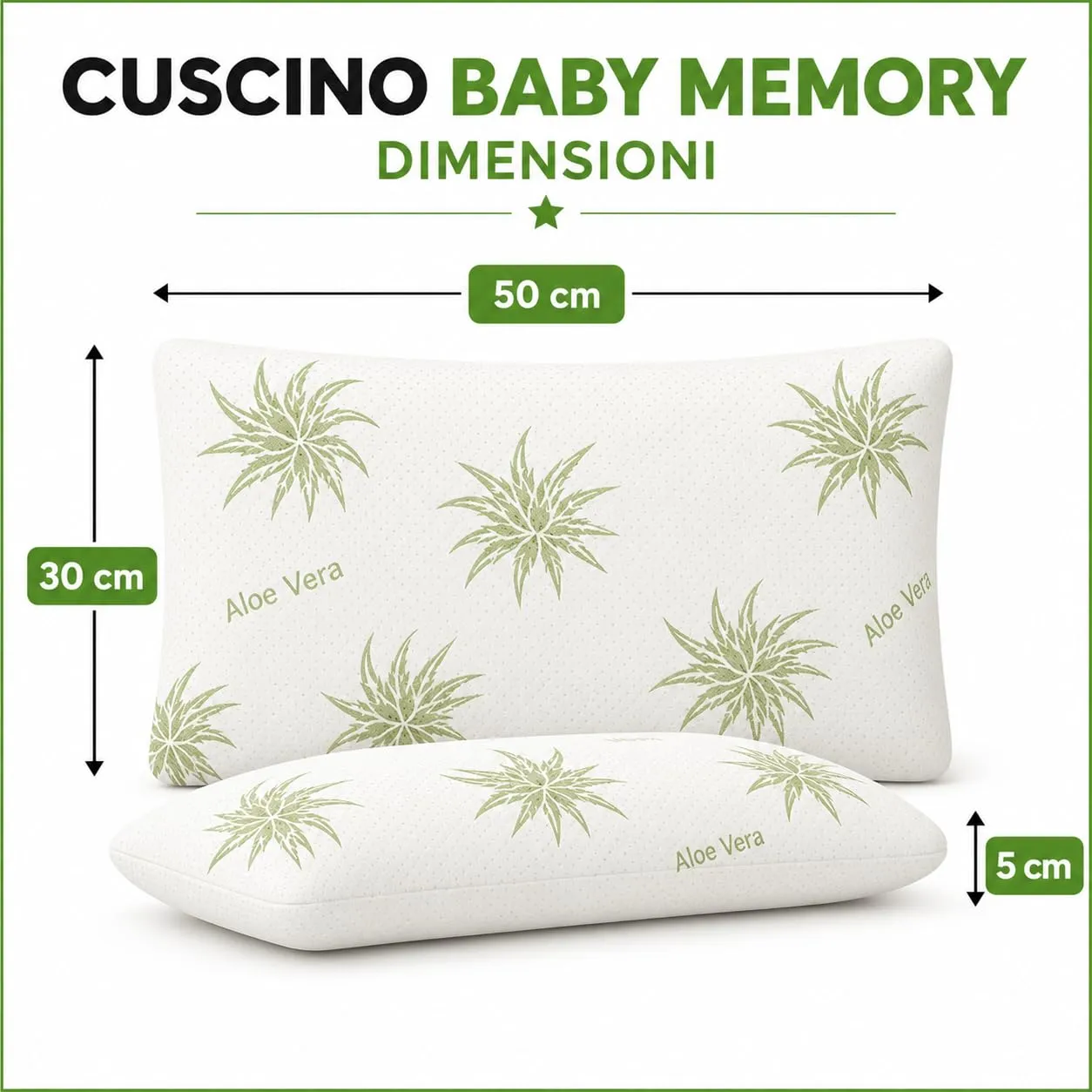 Double Twenty Cuscino Baby Memory Antisoffoco 50x30 cm - Cuscino Neonato 100% Memory Puro Tecnica Millefori - Ipoallergenico Antiacaro Sfoderabile - Made in Italy - Aloe - immagine 2