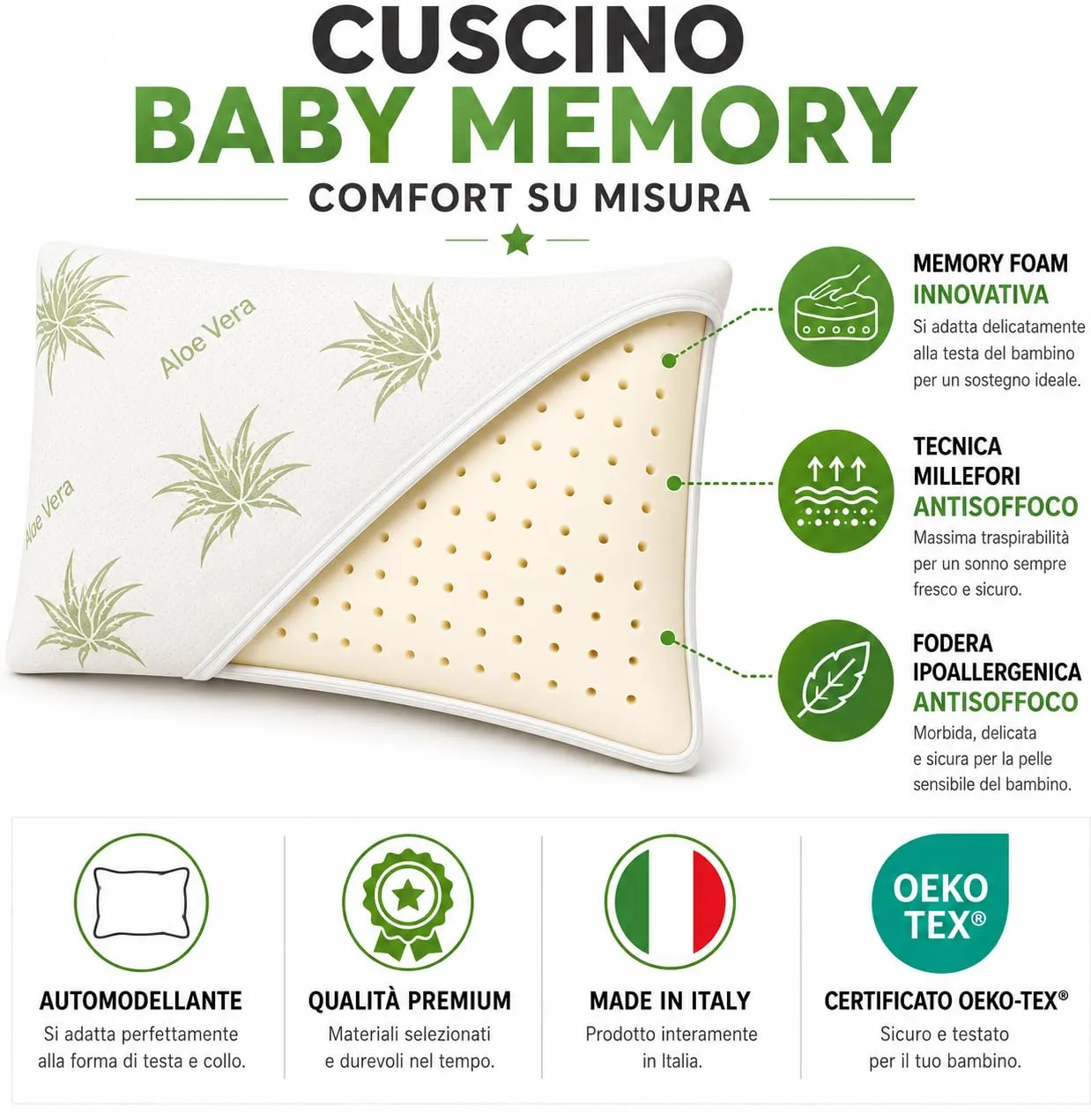 Double Twenty Cuscino Baby Memory Antisoffoco 50x30 cm - Cuscino Neonato 100% Memory Puro Tecnica Millefori - Ipoallergenico Antiacaro Sfoderabile - Made in Italy - Aloe - immagine 3