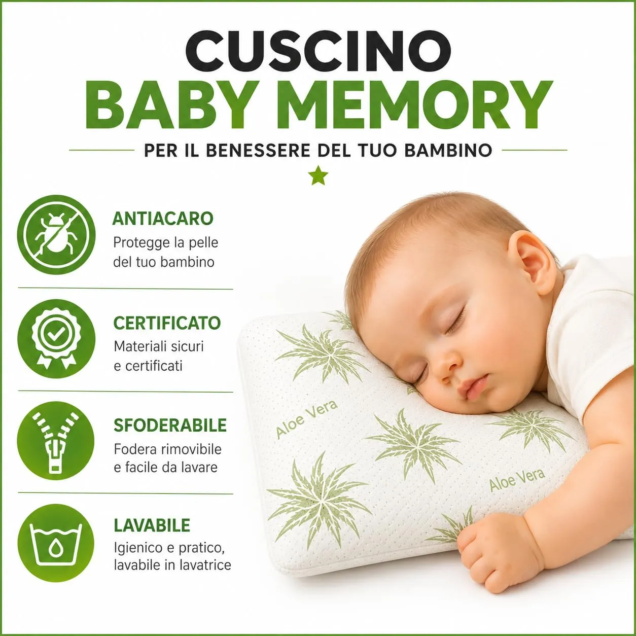 Double Twenty Cuscino Baby Memory Antisoffoco 50x30 cm - Cuscino Neonato 100% Memory Puro Tecnica Millefori - Ipoallergenico Antiacaro Sfoderabile - Made in Italy - Aloe - immagine 4