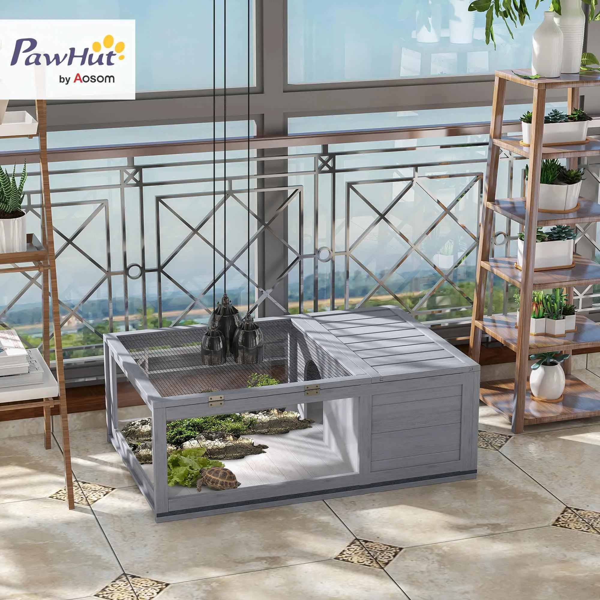 PawHut Terrario Casa per Tartarughe di Terra, 91x60.5x32 cm, Grigio - immagine 2