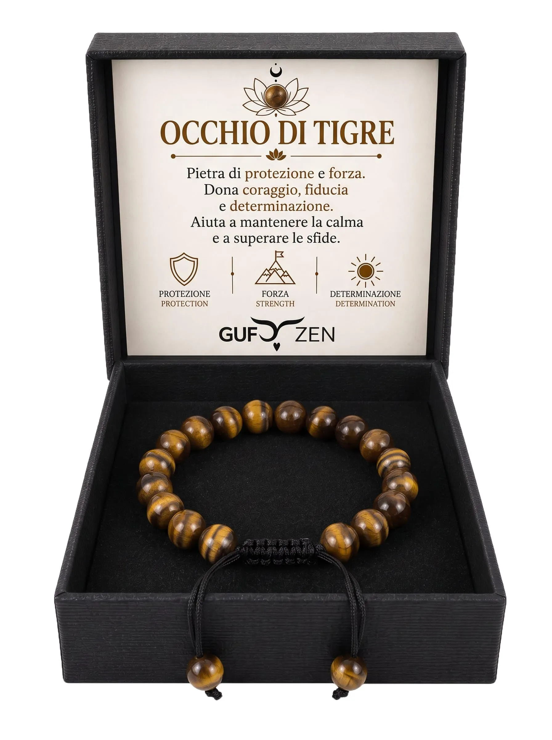 Bracciale Pietre Naturali 8mm GufoZen Regolabile - Cristalli Veri Uomo e Donna - Accessorio per Yoga e Meditazione - Idea Regalo Originale con Scatola Premium - Braccialetto Energia (Occhio di Tigre) - immagine 1