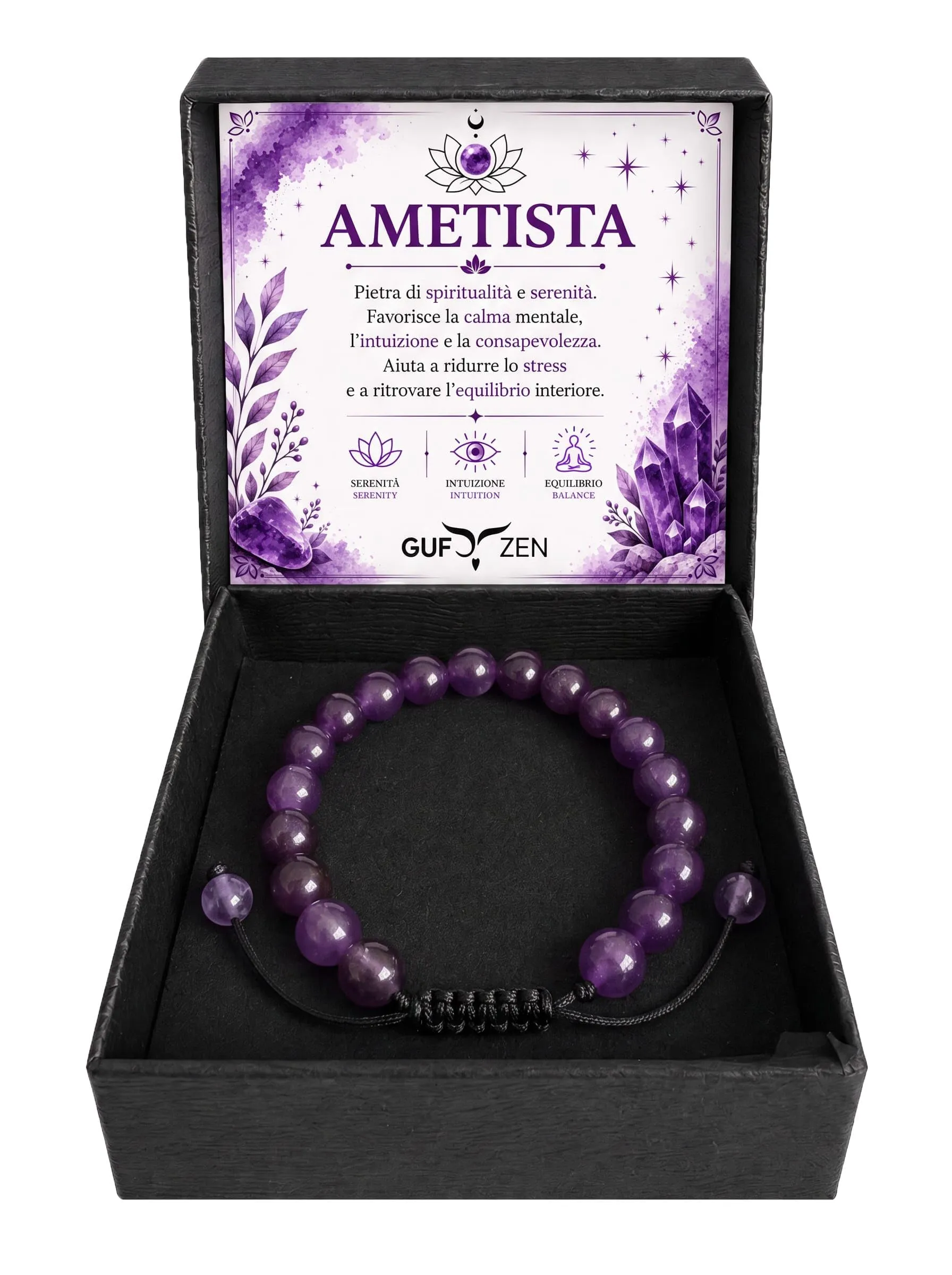 Bracciale Pietre Naturali 8mm GufoZen Regolabile - Cristalli Veri Uomo e Donna - Accessorio per Yoga e Meditazione - Idea Regalo Originale con Scatola Premium - Braccialetto Energia (Ametista) - immagine 1