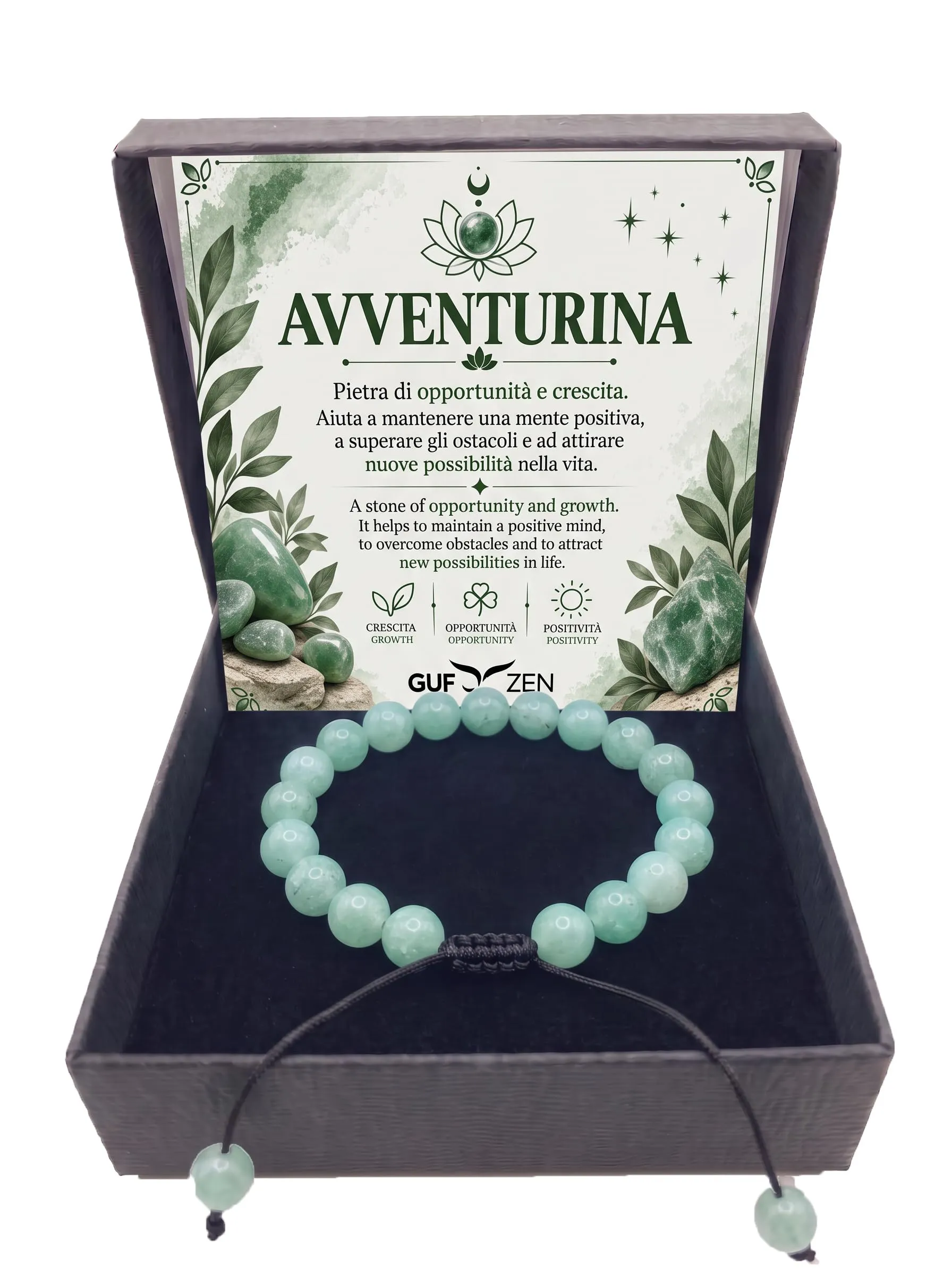 Bracciale Pietre Naturali 8mm GufoZen Regolabile - Cristalli Veri Uomo e Donna - Accessorio per Yoga e Meditazione - Idea Regalo Originale con Scatola Premium - Braccialetto Energia (Avventurina) - immagine 1
