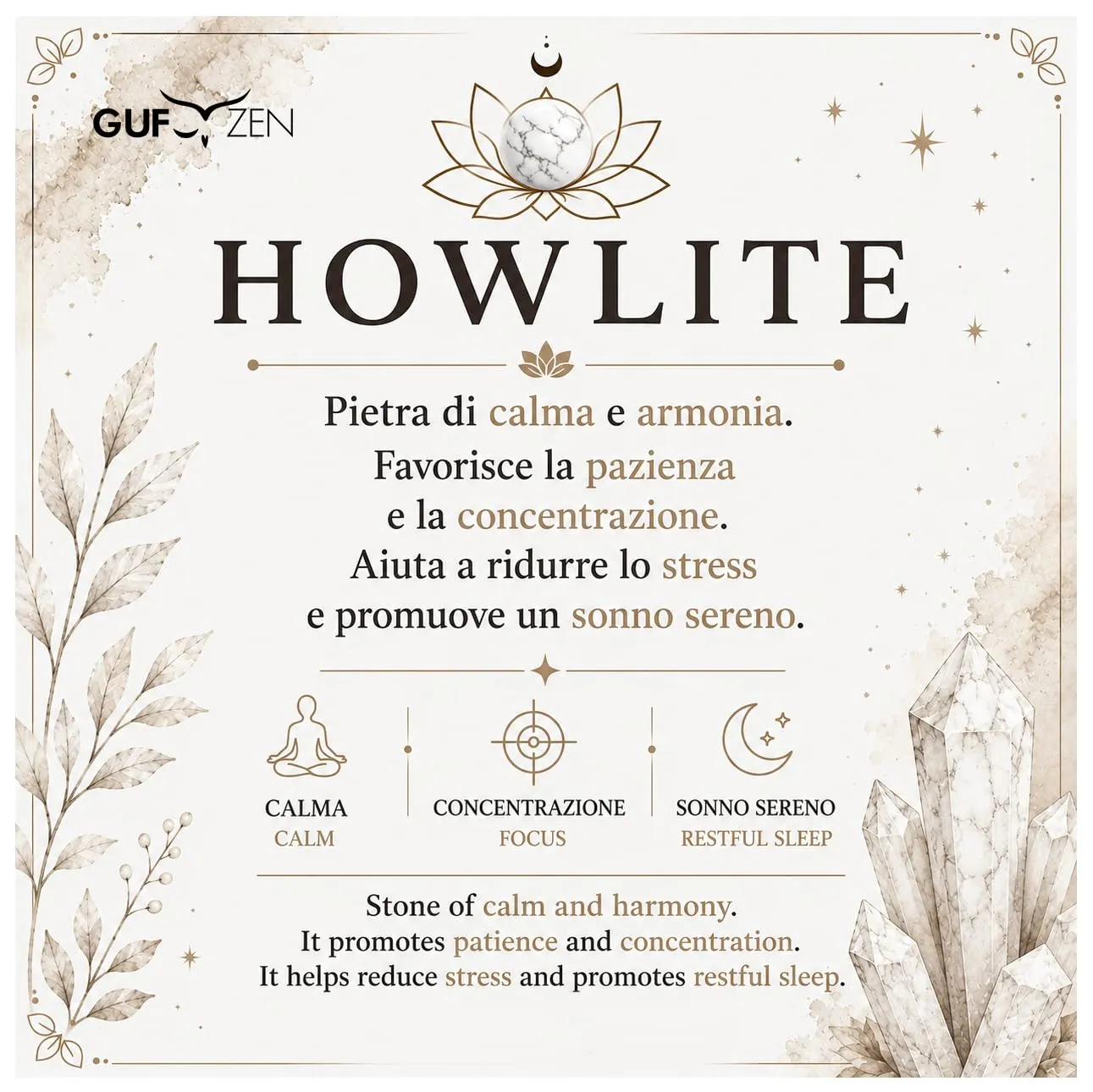 Bracciale Pietre Naturali 8mm GufoZen Regolabile - Cristalli Veri Uomo e Donna - Accessorio per Yoga e Meditazione - Idea Regalo Originale con Scatola Premium - Braccialetto Energia (Howlite) - immagine 2