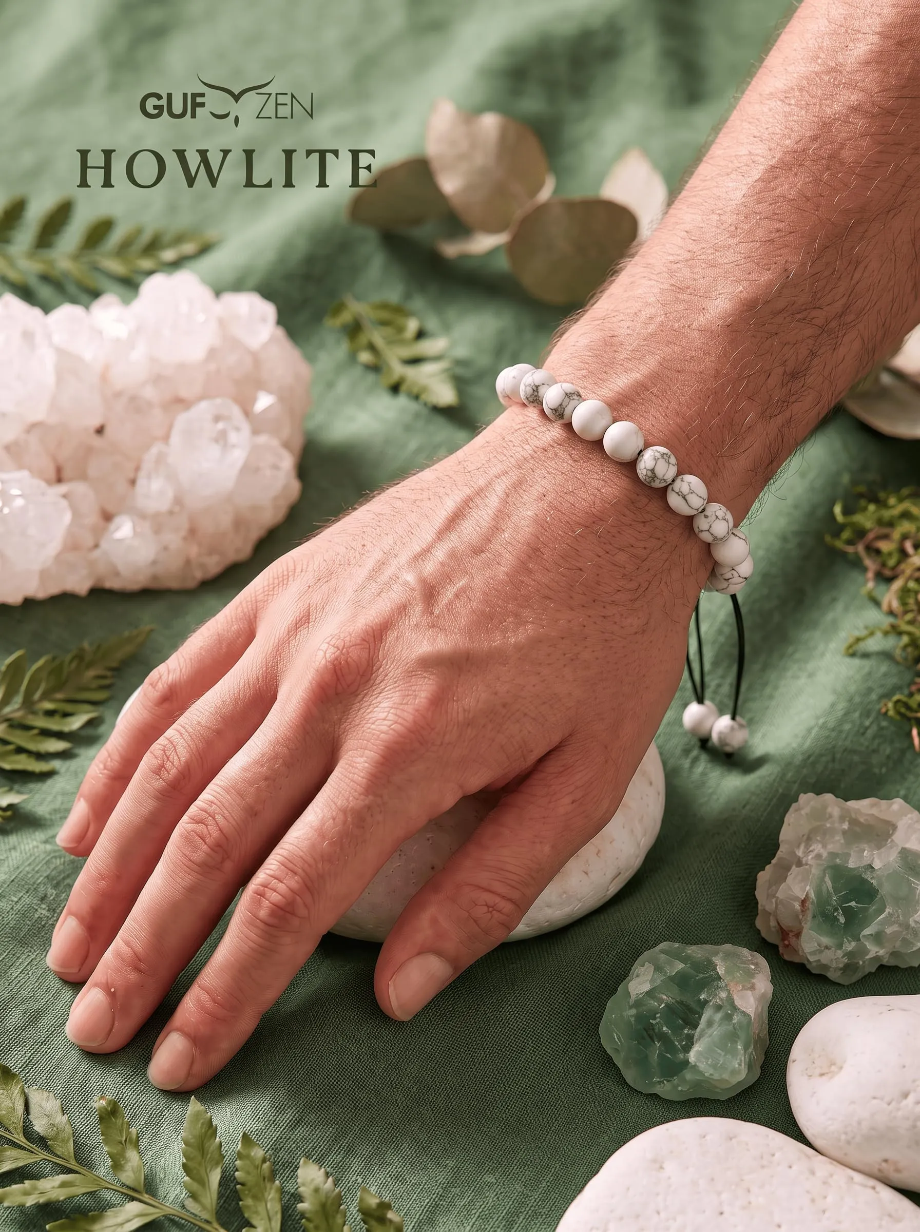 Bracciale Pietre Naturali 8mm GufoZen Regolabile - Cristalli Veri Uomo e Donna - Accessorio per Yoga e Meditazione - Idea Regalo Originale con Scatola Premium - Braccialetto Energia (Howlite) - immagine 3