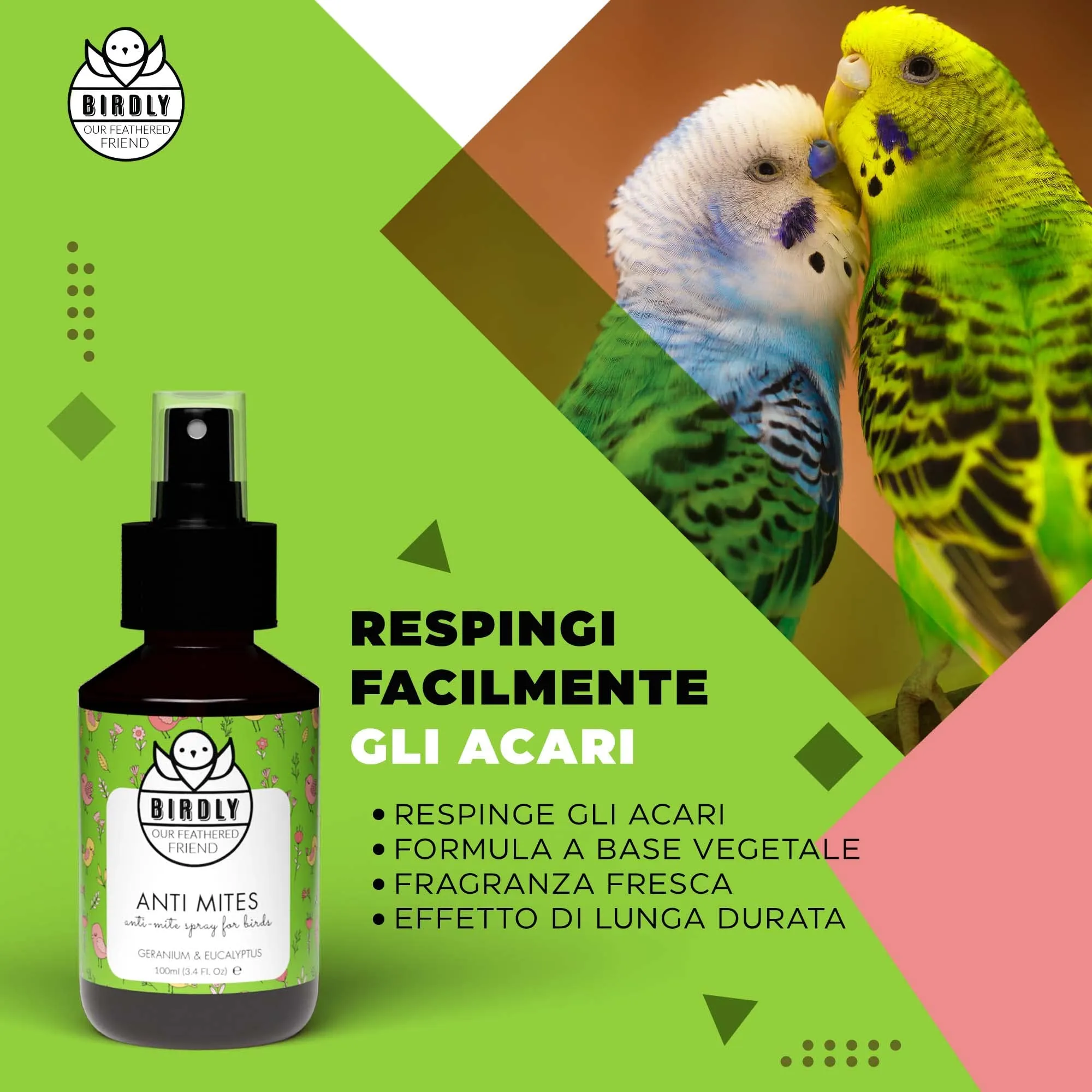 Birdly Spray Antiparassitario per Galline e Anti Pidocchi per Uccelli da Gabbia - Spray Repellente Anti Acari con Vitamina E - Spray Anti Pidocchi Galline, Canarini, Pappagallo e Cocorito,100ml - immagine 2