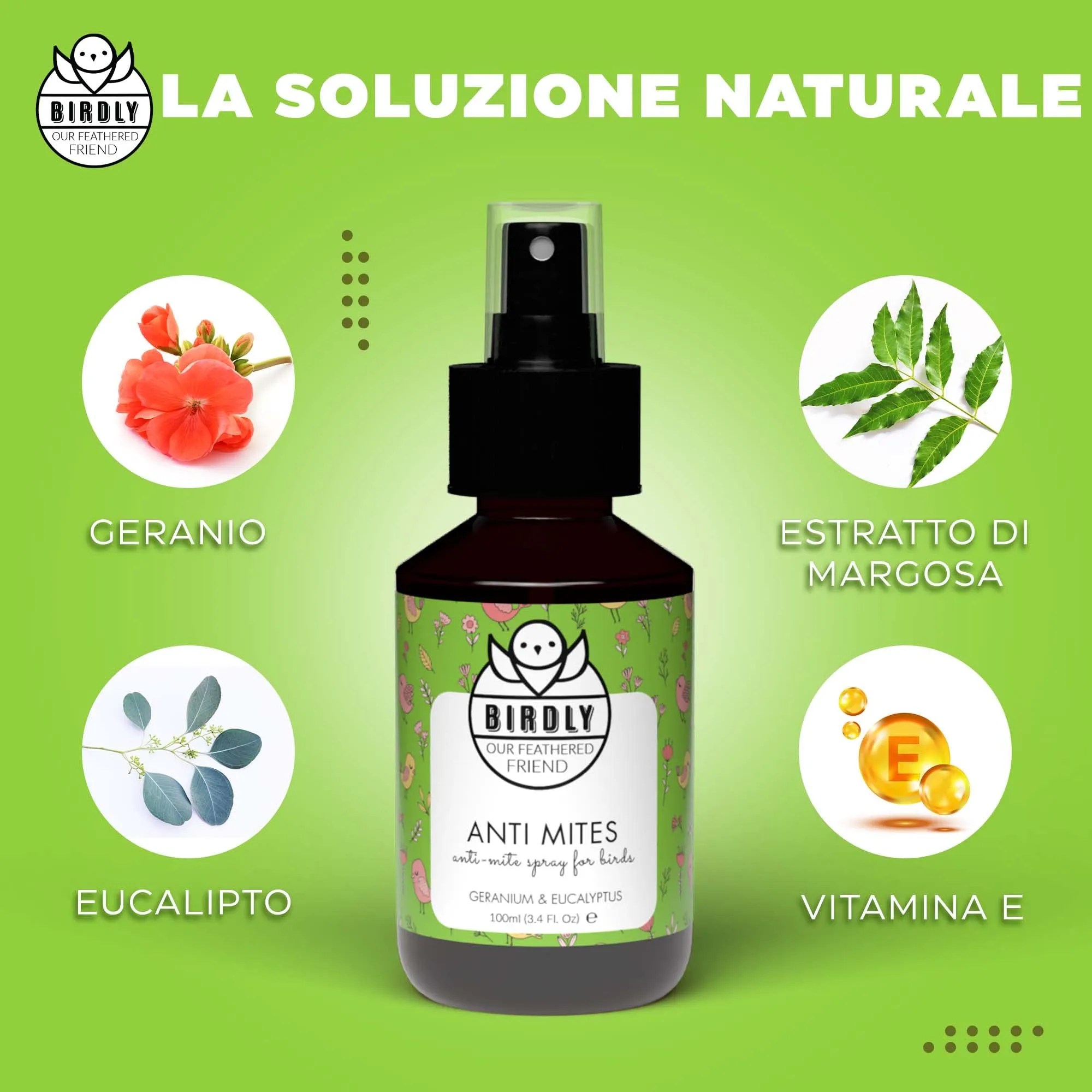 Birdly Spray Antiparassitario per Galline e Anti Pidocchi per Uccelli da Gabbia - Spray Repellente Anti Acari con Vitamina E - Spray Anti Pidocchi Galline, Canarini, Pappagallo e Cocorito,100ml - immagine 3