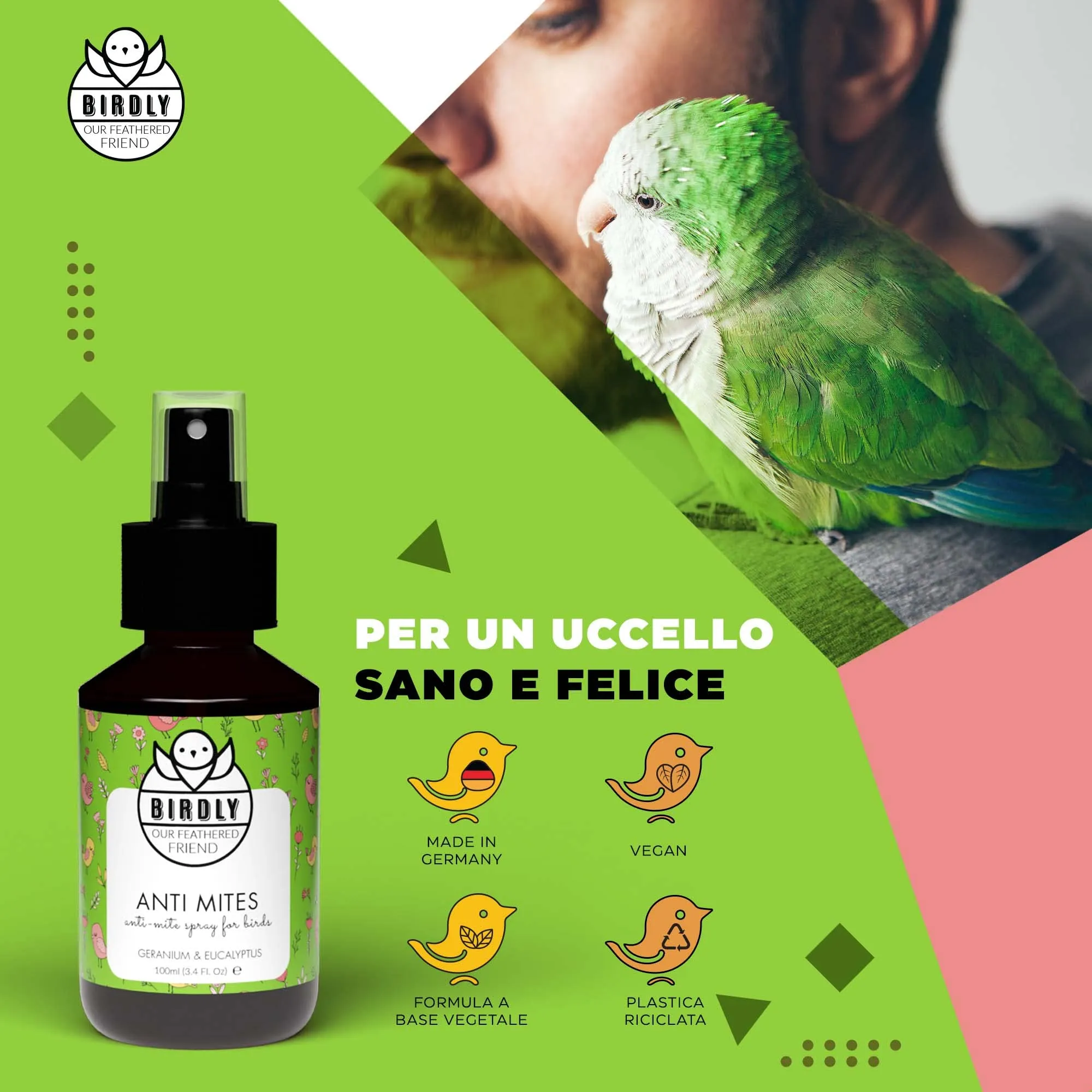 Birdly Spray Antiparassitario per Galline e Anti Pidocchi per Uccelli da Gabbia - Spray Repellente Anti Acari con Vitamina E - Spray Anti Pidocchi Galline, Canarini, Pappagallo e Cocorito,100ml - immagine 5