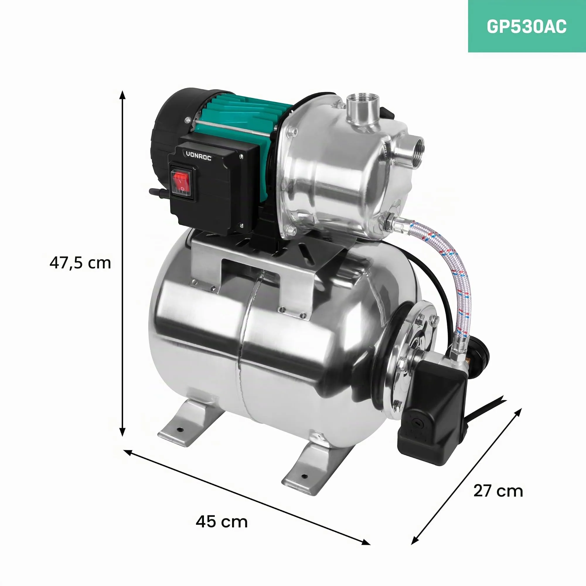 VONROC Pompa acqua Idrofora 1000W con Serbatoio 19L | 3500 l/h - immagine 7